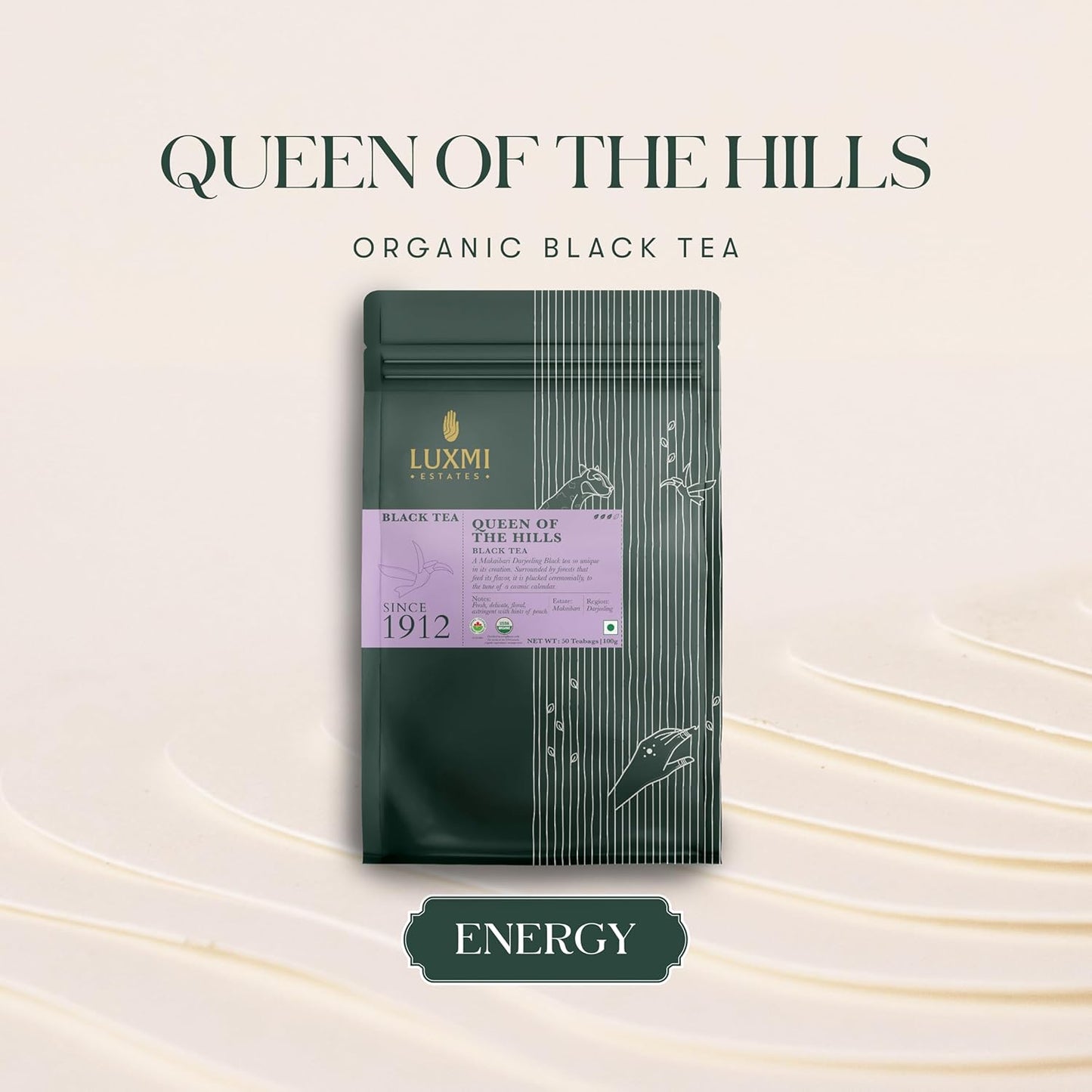 Luxmi Estates Queens Black Tea Blend 50 Tea Bags (100gm) Pack | Organic Black Tea | 50 Cups Bulk Pack