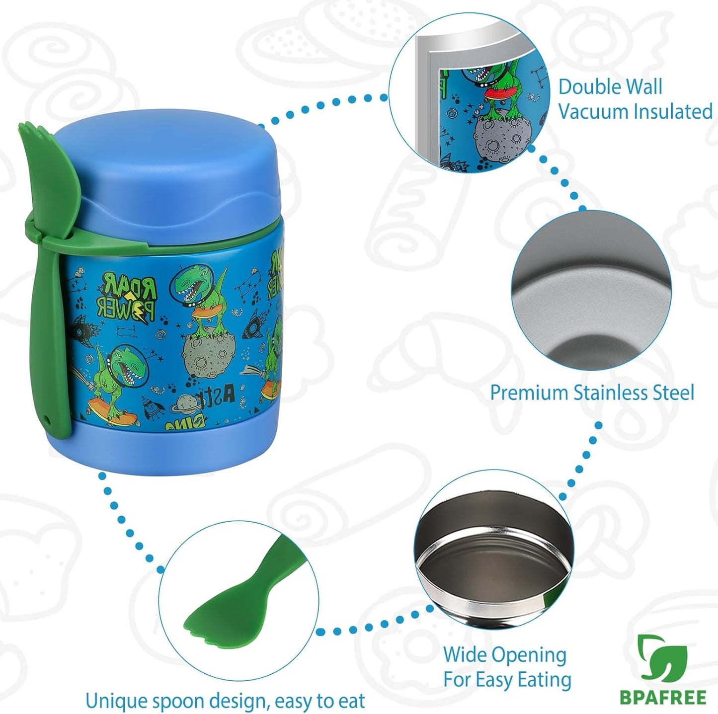 10oz Soup Thermo for Hot Food Kids,Lunch Thermo Kids Food Jar with Spoon Hot Insulated Food Containers,Leak Proof Stainless Steel Wide Mouth Lunch Food Thermo Jar for School(Blue-Dinosaur)