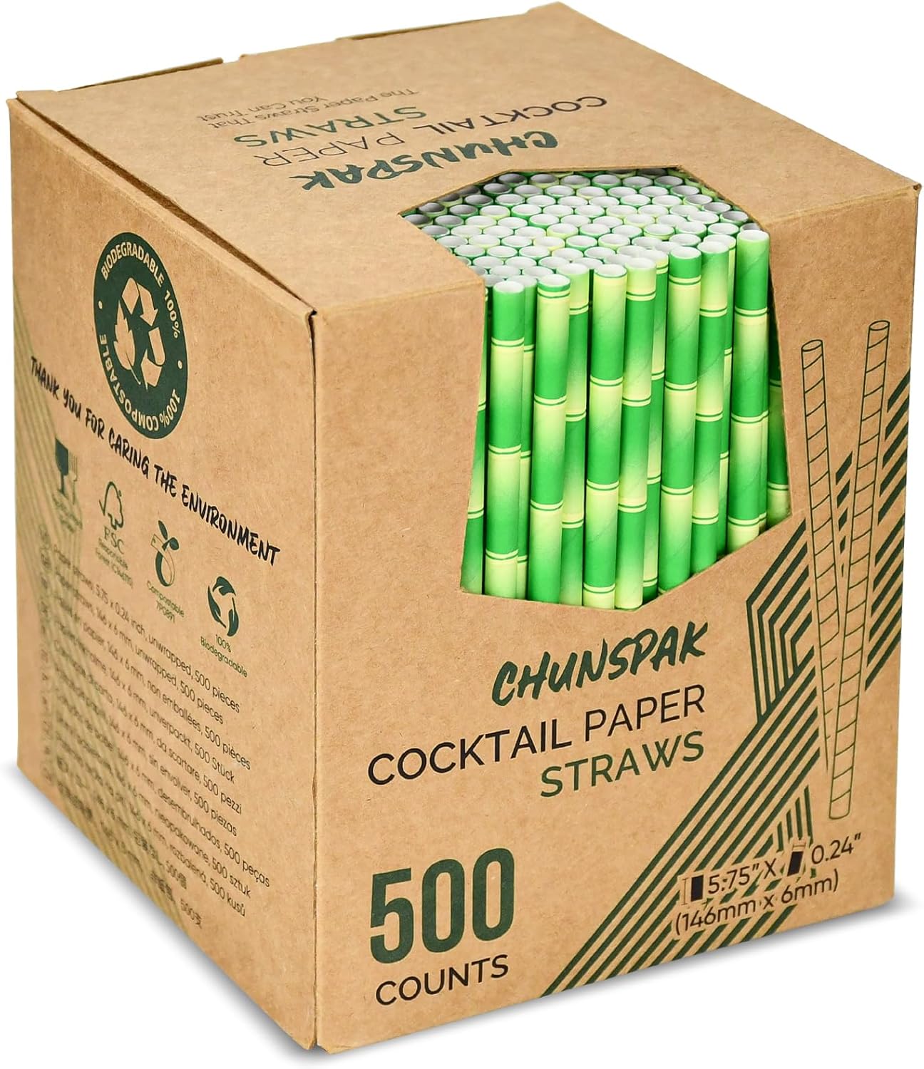 5.75 inch Short Bamboo Paper Straws & Stirrers for Cocktail and Coffee - 100% Biodegradable and Compostable [500 Counts]
