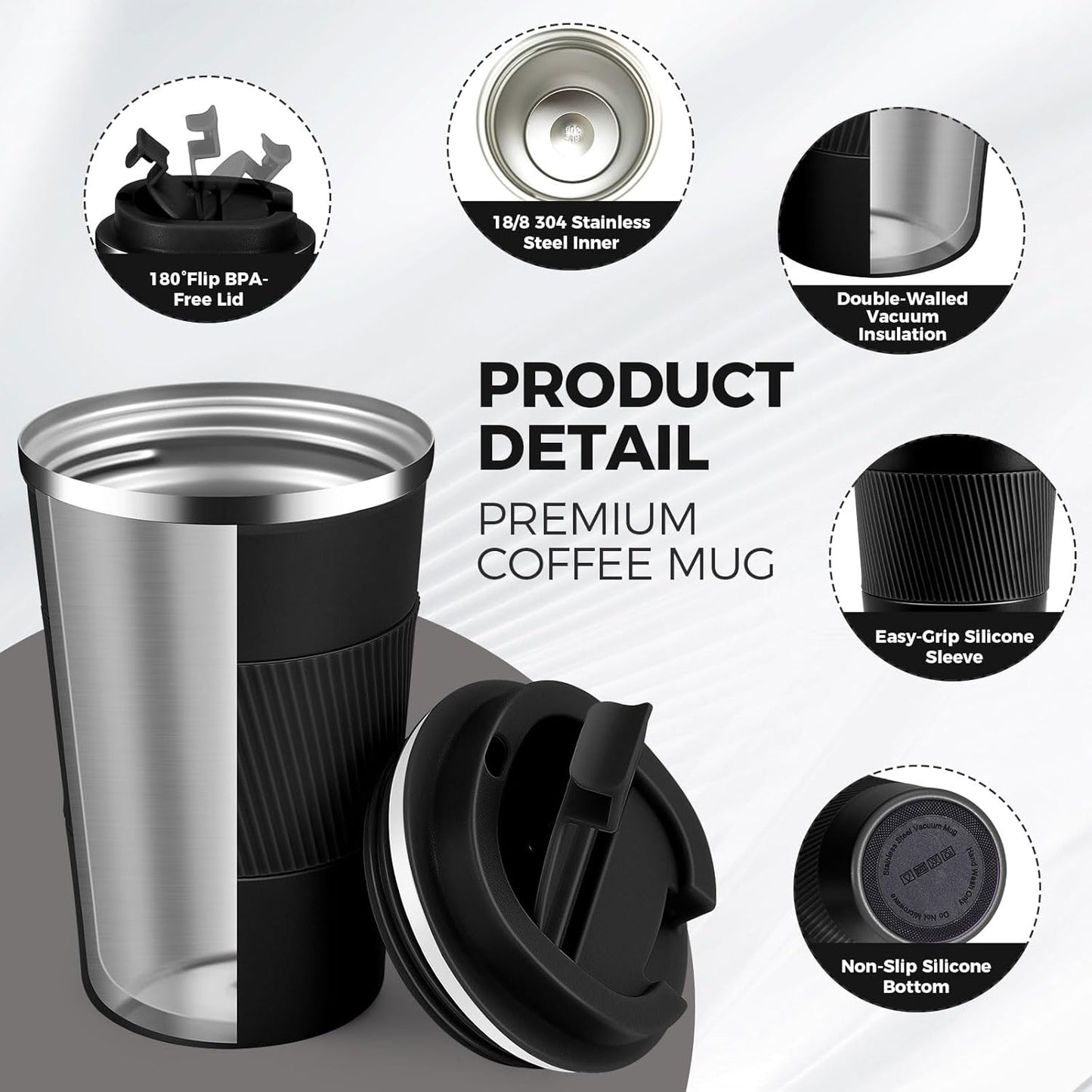 Volhoply 13 oz Stainless Steel Insulated Travel Coffee Mug with Fip Lid Bulk 2 Pack,Reusable Double Wall Vacuum Metal Coffee Cup,Portable Leak Proof Thermal Tumbler for Hot & Cold Drinks(Black,2)