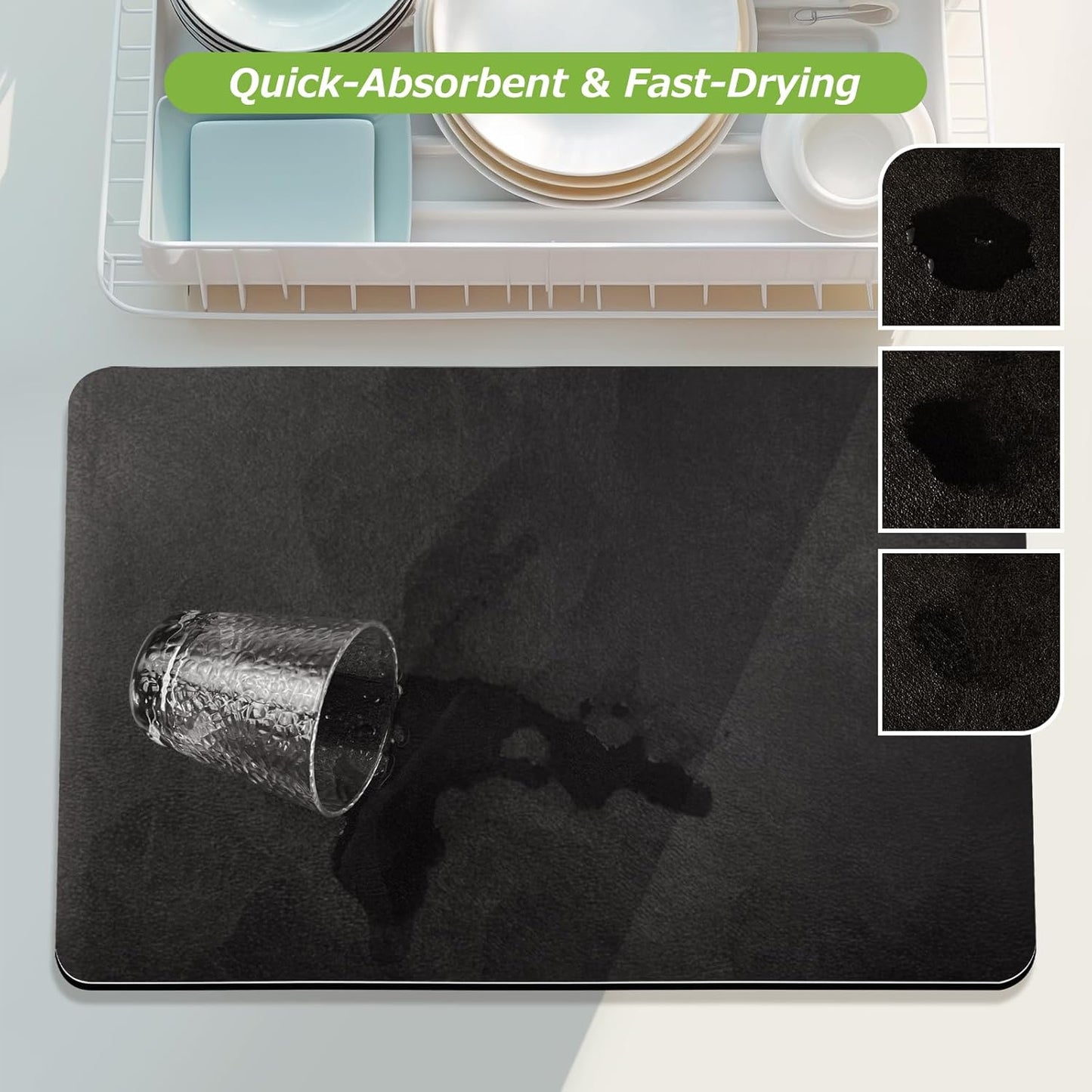 Matace Designer Coffee Bar Mat, Large 16 x 24 Inches, Rubber Backing, Absorbent Coffee Maker Mats for Dish Drying, Kitchen Countertop, Heat Resistant, Solid Black