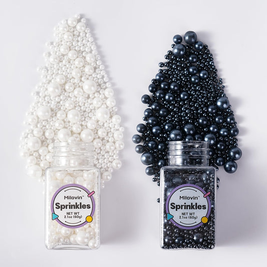 Edible Black and White Sprinkles, White Pearl Sprinkles, Black Sugar Pearls, Edible Pearls for Cake Decorating, Cupcakes, Ice Cream Toppers, Macarons, and Cookies(4.23oz)
