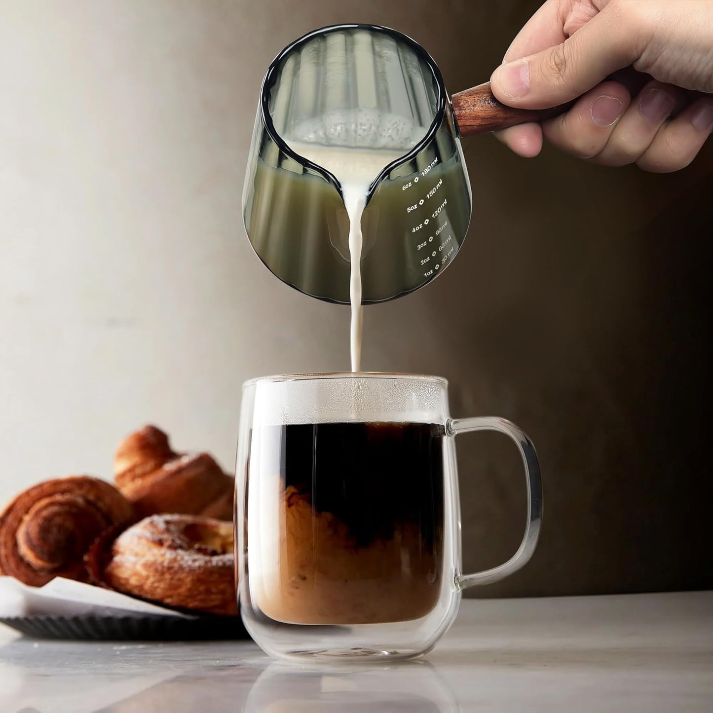 Joeyan 6 oz Grey Glass Measuring Cups with Spout,Borosilicate Glass Triple Pitcher with Scale,Origami Style Espresso Shot Glasses with Wood Handle for Coffee Milk,Dishwasher Safe