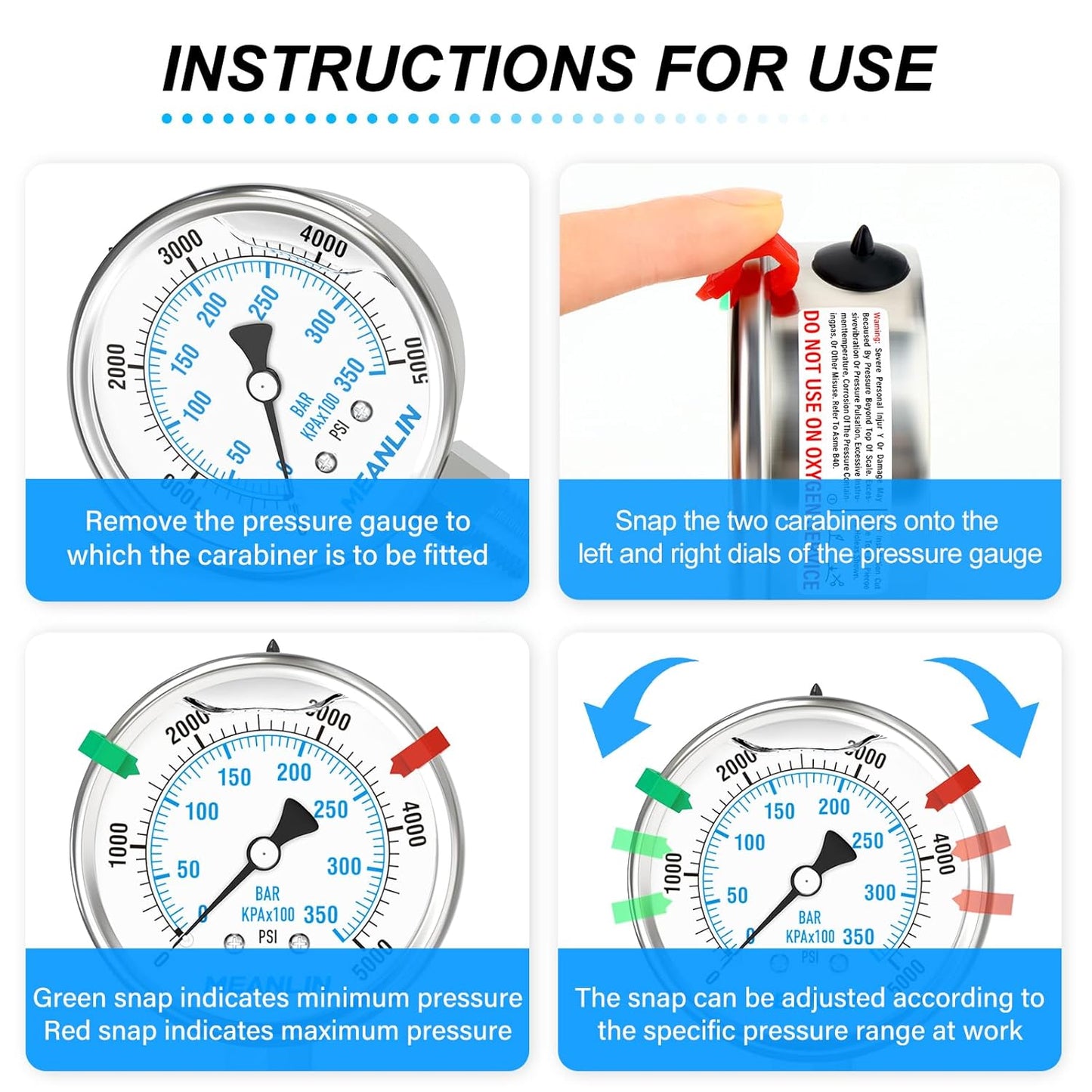 MEANLIN MEASURE 0~5000Psi Liquid Filled Pressure Gauge Stainless Steel 2.5" FACE DIAL 1/4" NPT 316 Stainless Steel Joint for WOG Water Oil Air Lower Mount, with 2PCS Snaps