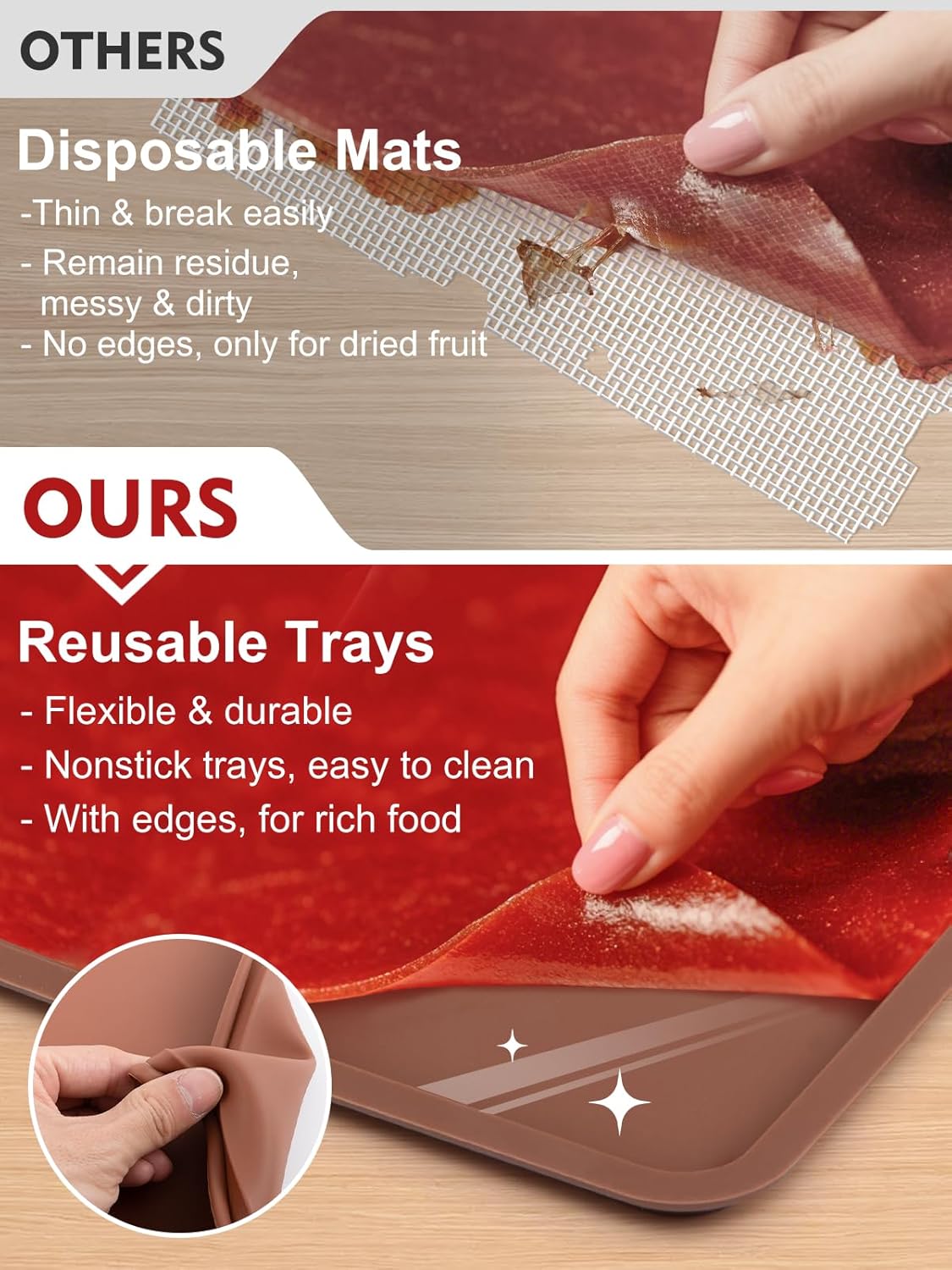 Aulock 6 Pcs Silicone Food Dehydrator Sheets with Edge, Compatible with Cosori/Excalibur/Magic Mill 14" x 14" Trays, Square Non-stick Tray Liner, High Temperature Resistance Reusable Dryer Mats