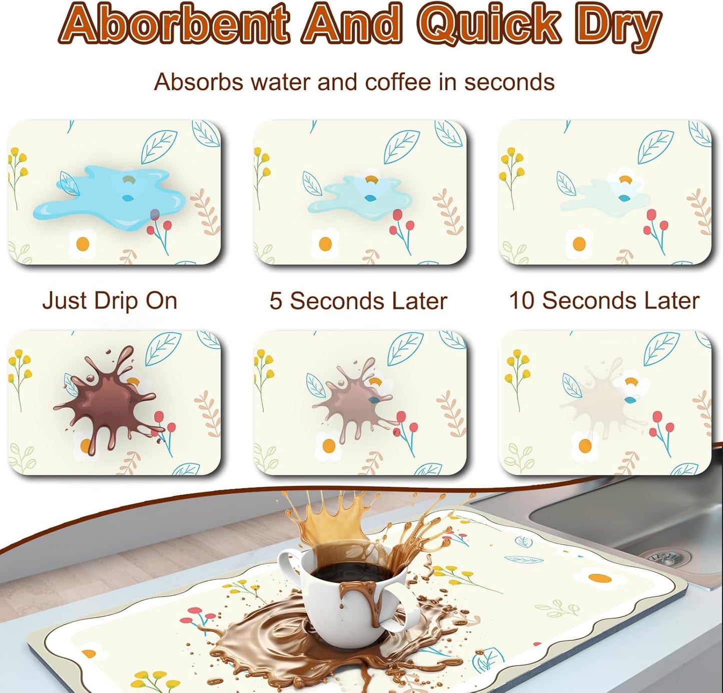 Dish Drying Mat 16" X 24", Super Absorbent & Cuttable Coffee Mats for Countertop, Kitchen Counter Mat Fits Under Coffee Maker or Machine, Hide Stain Drying Pad for Dish Drying Rack, Cute Flower