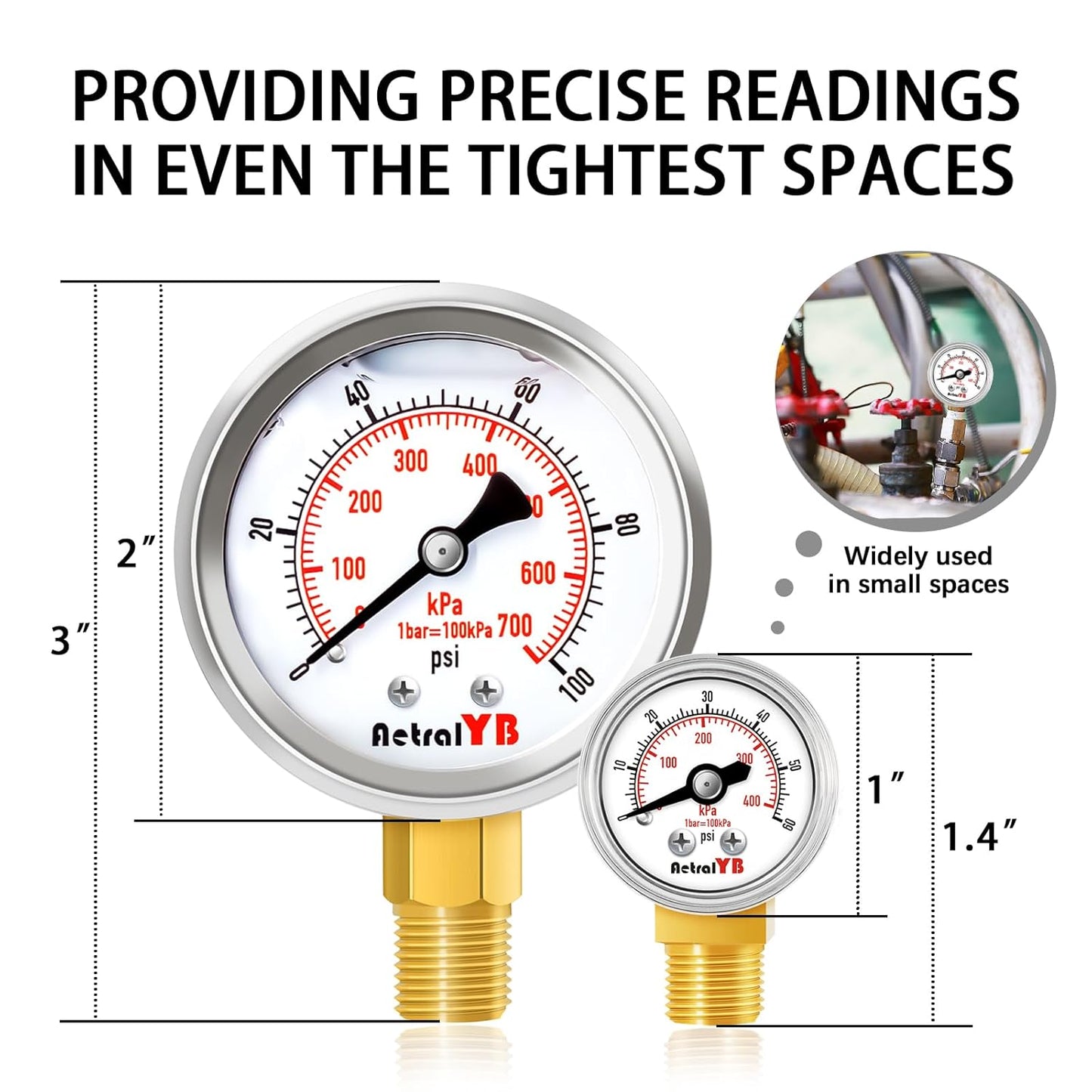 1-Inch Mini Pressure Gauge, 0-60 PSI / 0-400 kPa, Dual-Scale Dial, 1/8” NPT Bottom Mount, Stainless Steel Gauge for Coffee Machines, Motorboats, Water Pumps, and Pneumatic Tools
