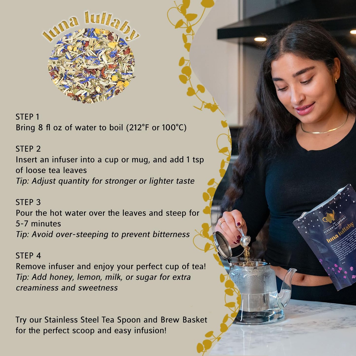 Luna Lullaby Sleep Tea, Organic Loose Leaf Herbal Tea – Calming, Relaxing Bedtime Tea – Chamomile, Valerian Root, Peppermint – 4 oz Resealable Bag (Makes 50 Cups) – The Elegant Elephant