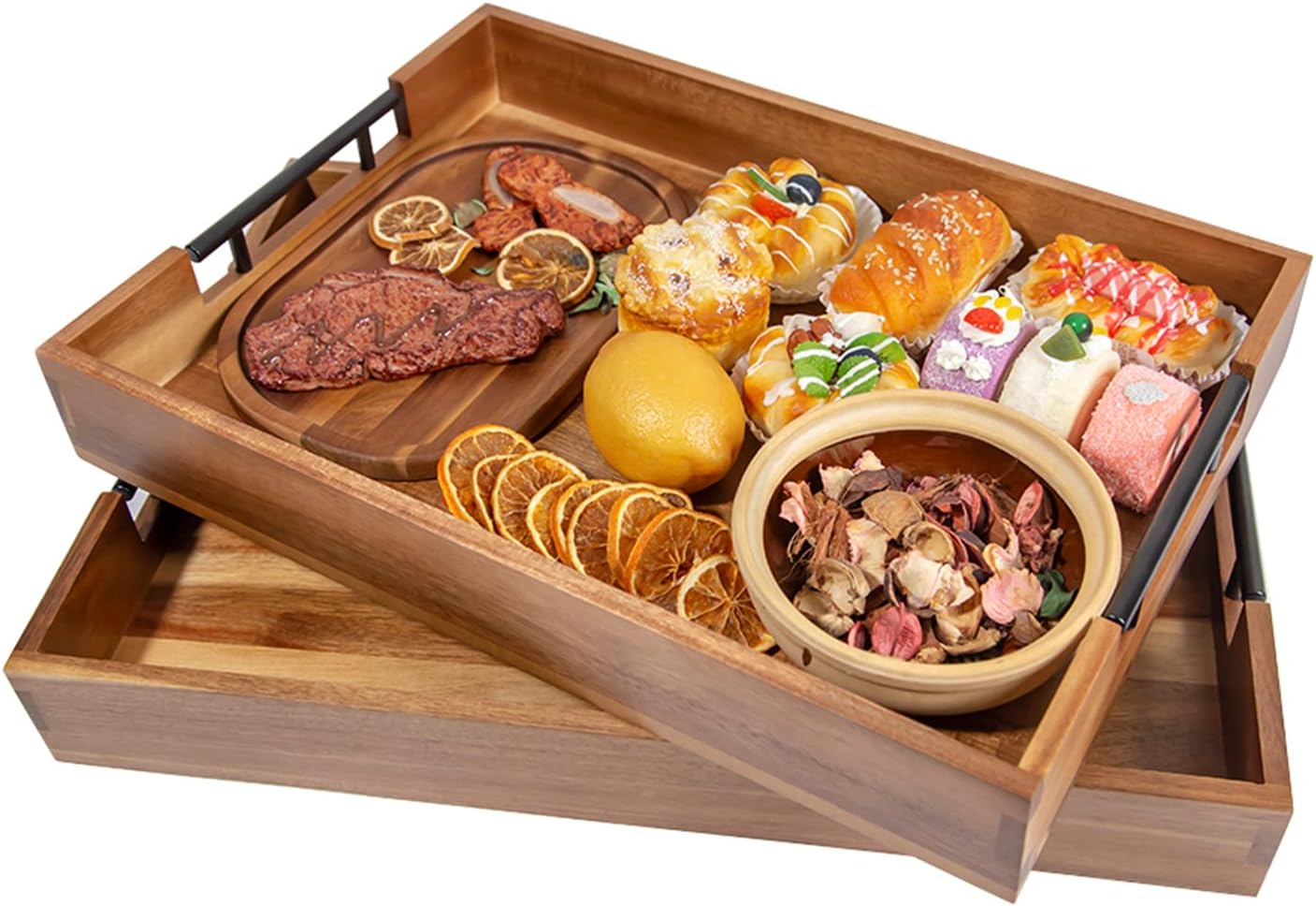 Extra-Large Wooden Tray Set of 2, (20.1'' + 18.1'') Serving Tray with Metal Handles, Rectangle Rustic Serving Trays for Breakfast, Used in Kitchen Counter, Coffee Table, Bedroom, Living Room