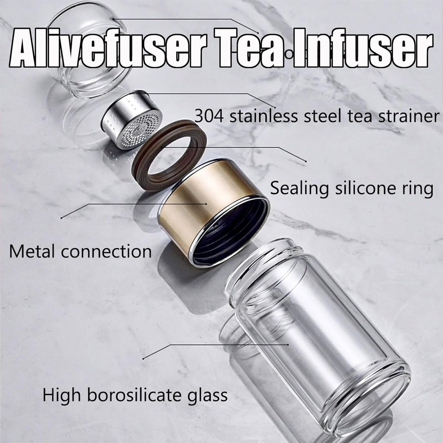 Tryteava Glass Infuser, Tryteava 3-in-1 Smart Tea Infuser, Portable Glass Double Wall Tea Infusers Bottle, with Stainless Steel Filter, Hot & Cold Brew, For Loose Leaf, Office Home (Silver, 350ml)