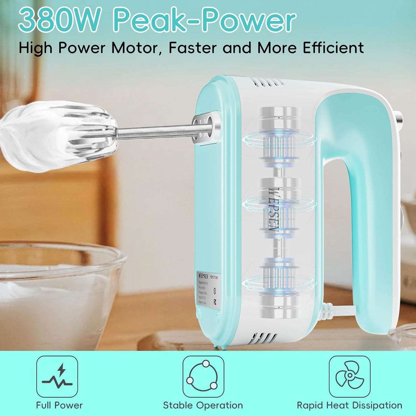 Hand Mixer Electric Handheld, 5-Speed Handheld Mixer, 380W Electric Mixer with Stainless Steel Whisk Beater Attachments, Snap-On Storage Case, Measuring Cups, Kitchen Cake Mixers for Baking Supplies