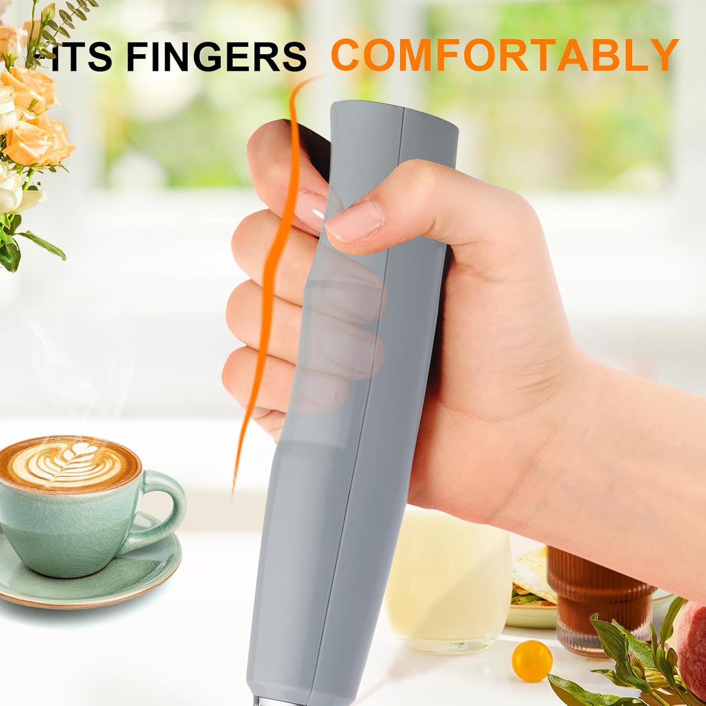 YUSWKO Handheld Milk Frother for Coffee, Rechargeable Drink Mixer with 3 Heads 3 Speeds Electric Whisk Coffee Frother For Latte, Cappuccino, Hot Chocolate, Egg - Cement Gray