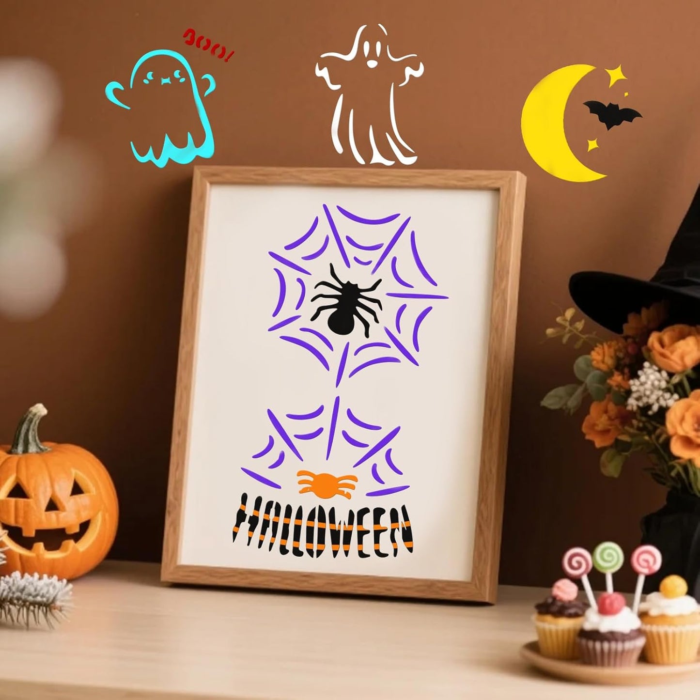 72 PCS 3x3 Inch Halloween Stencils for Painting - Pumpkin, Ghost, Bat, Spider Web Witch Skull Reusable Halloween Painting Templates on Wood, Glass, Fabric, Window Door Decor DIY Decoration