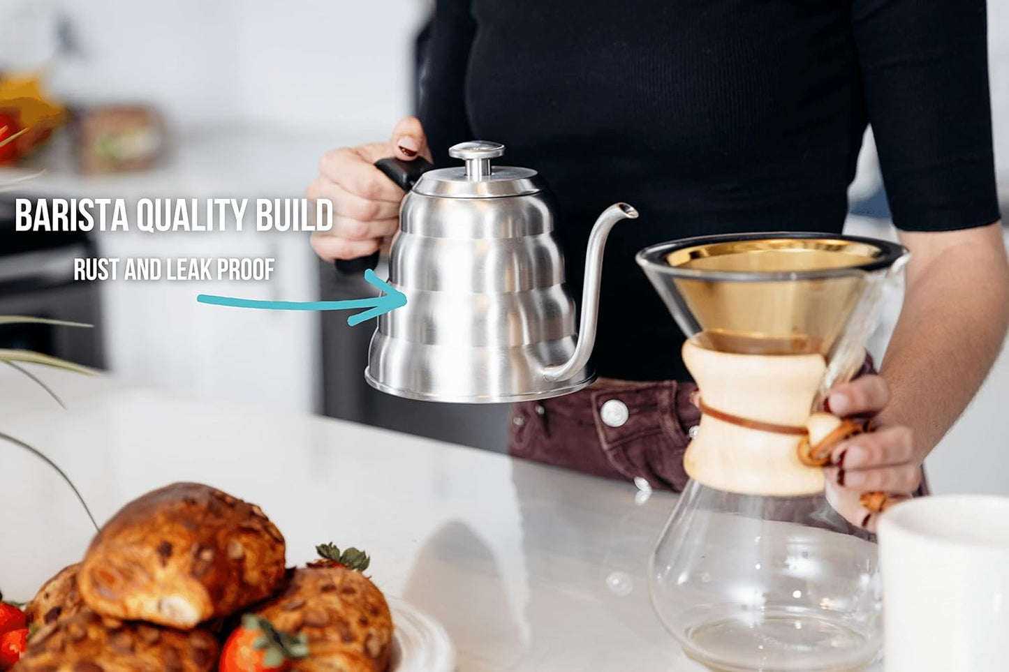 Barista Warrior Pour Over Coffee Kettle with Thermometer – Gooseneck Kettle for Coffee and Tea, Stainless Steel for All Stovetops (Matte Black, 1.0 Liter, 34 fl oz)