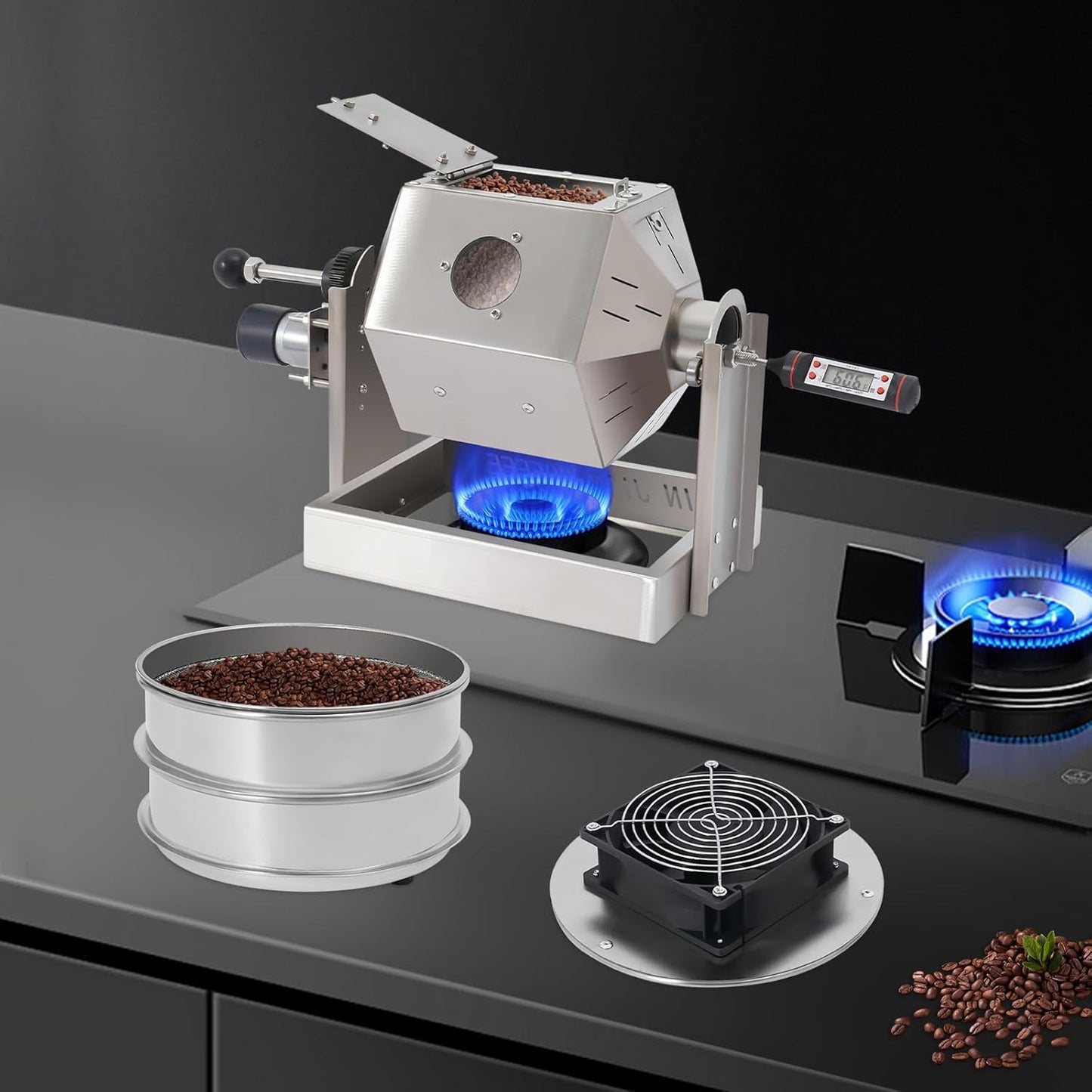 3.8L/3.45QT Coffee Roaster, Stainless Steel Coffee Bean Roaster with Cooler, 6 & 40 Mesh Sieves, Speed Controller, Thermometer, Drum Type Nuts Baker for Home and Commercial Use
