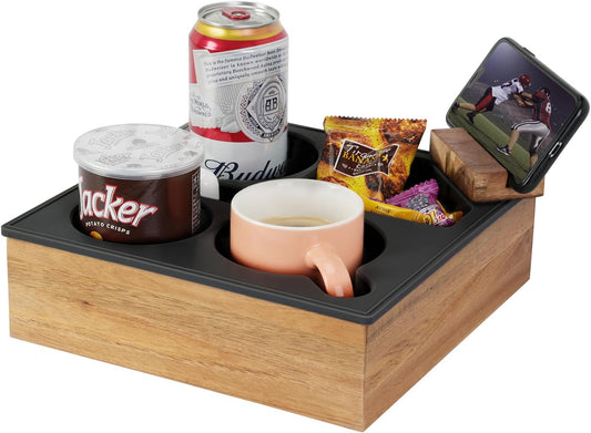 Couch Cup Holder Tray, Soft Food Grade Silicone Acacia Wooden Couch Caddy for Bed Car Seat Beach Organizer, Waterproof Anti-Spill Couch Drink Holder for Snacks Beverage Remote (Black)