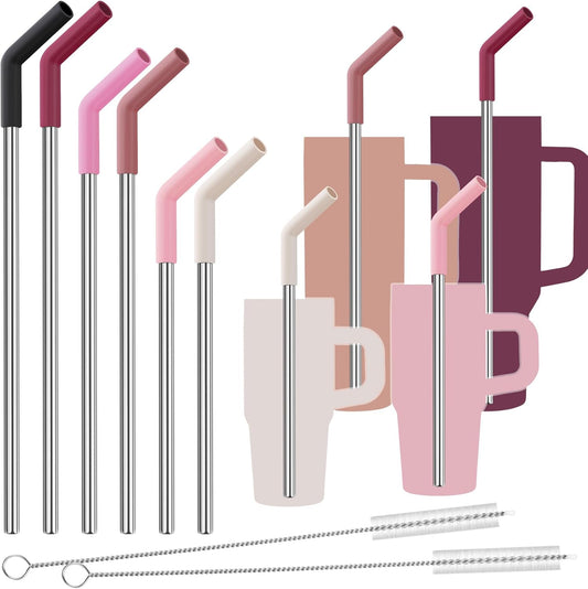 Tomorotec 6-Pack Stainless Steel Reusable Straw with Silicone Tip 3 Sizes, Metal Drinking Straws Fit for Stanley Quencher Tumblers 40oz, 30oz, 20oz, 14oz, Cleaning Brushes Included (Gradient)