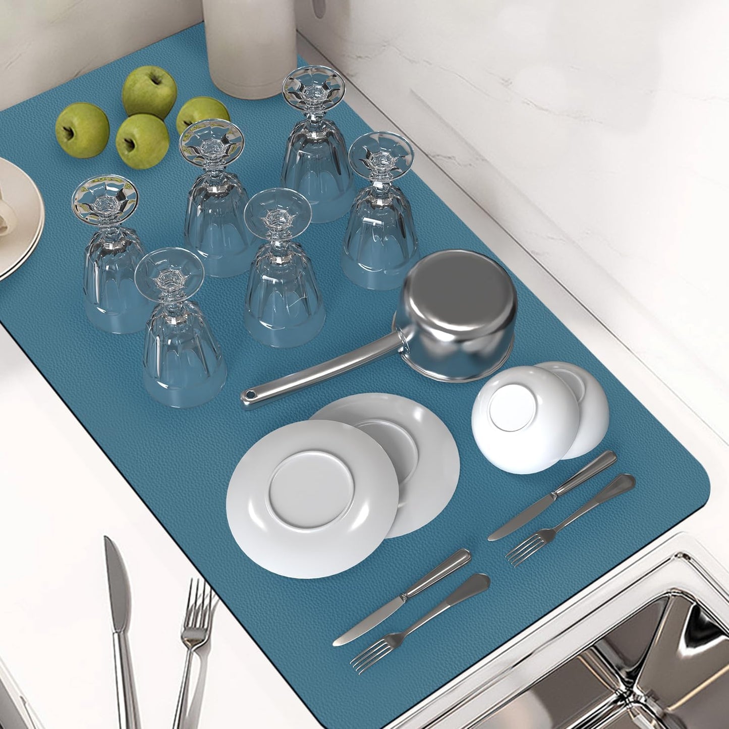 PoYang 31.5"x17" Coffee Mat X-Large, Coffee Bar Accessories for Countertop, Absorbent Dish Drying Mat, Anti-Slip and Hide Stain Pad for Espresso Machine, Espresso Maker and Kitchen Counter, Blue