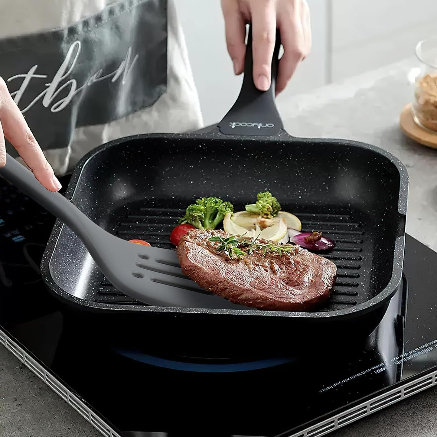 Silicone Kitchen Cooking Utensils Set: MOACC Heat Resistant 13inch Long Kitchen Gadgets, BPA Free Non Stick Rubber Cook Accessories For Food Prep, Frying, Serving, Basting (Dark Grey)