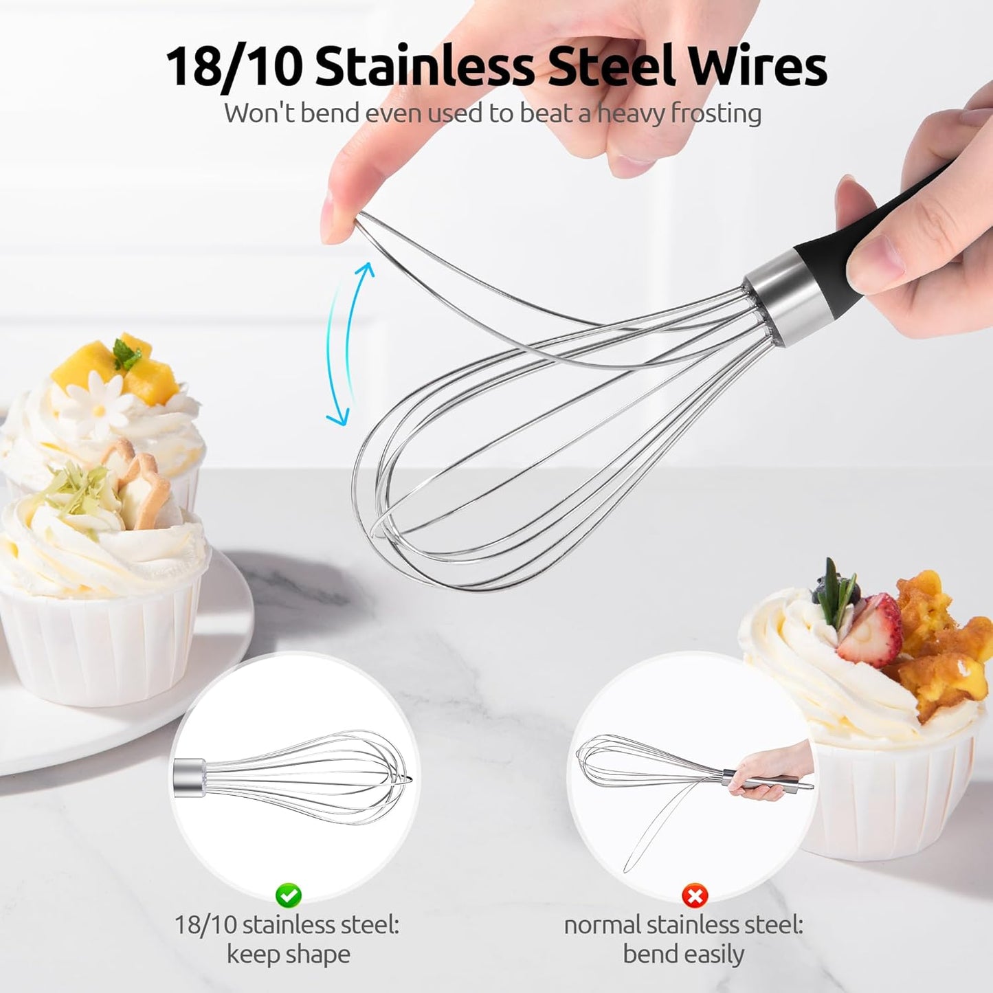 U-Taste 9" Small Egg Whisk: 18/10 Stainless Steel Kitchen Cooking Wire Balloon Wisk, Heavy Duty Metal Beater Stirrer, Manual Baking Tool with 6 Flex Wires for Hand Mixing, Blending Sauce (Black)