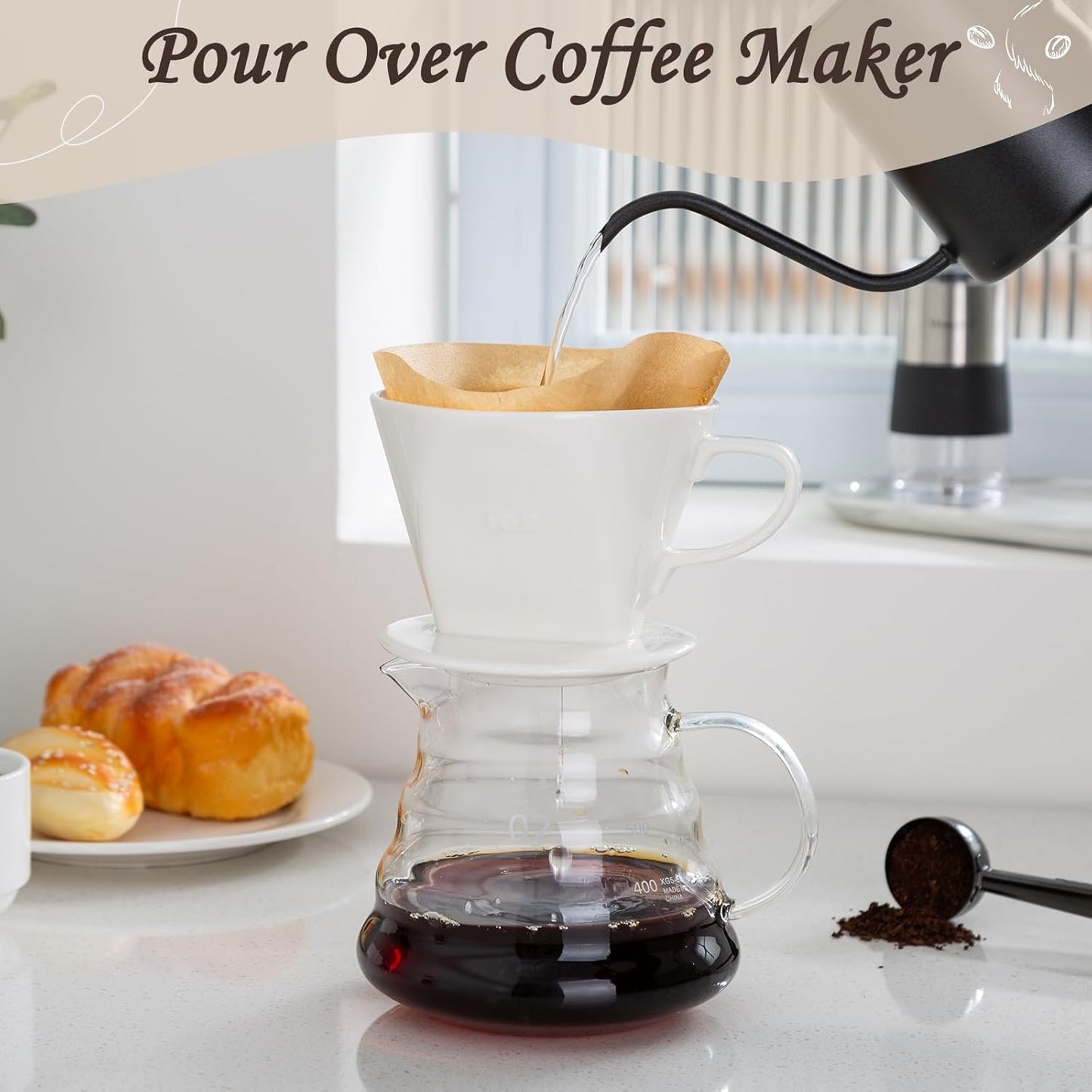 Pour Over Coffee Dripper, Ceramic Pour Over Coffee Maker with 3 Holes Flat Bottom, Easy Manual Slow Brewing, Porcelain Slow Filter Cone for Home, Office, Gift, Size 2,White