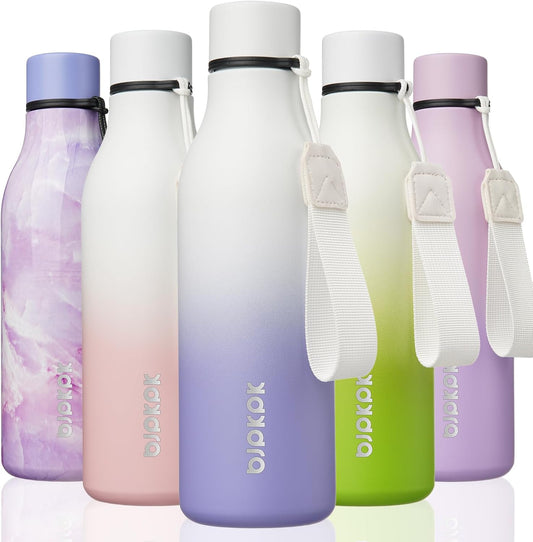 BJPKPK Insulated Water Bottles, 18 oz Stainless Steel Metal Water Bottle with Strap, BPA Free Leak Proof Thermos, Mugs, Flasks, Reusable Water Bottle for Sports & Travel, Lilac Elegance