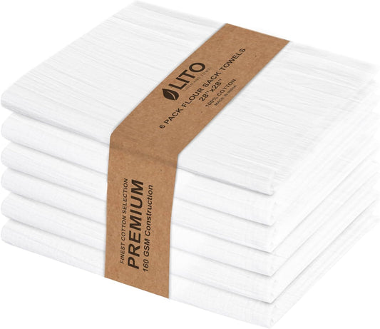LITO LINEN AND TOWEL Flour Sack Towels – 100% Cotton, 28x28 Inches, Highly Absorbent, Embroidery-Ready Tea Towels for Kitchen & Crafts, Farmhouse Decor, Pack of 6 White