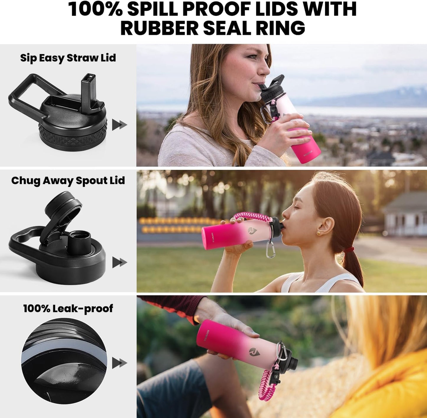 Insulated Water Bottle 20 oz, Triple Wall Vacuum Stainless Steel (Cold for 48 Hrs), Leak Proof & Non-BPA, Kids Water Bottle Jug for School with Straw Spout Lids, Ombre Pink