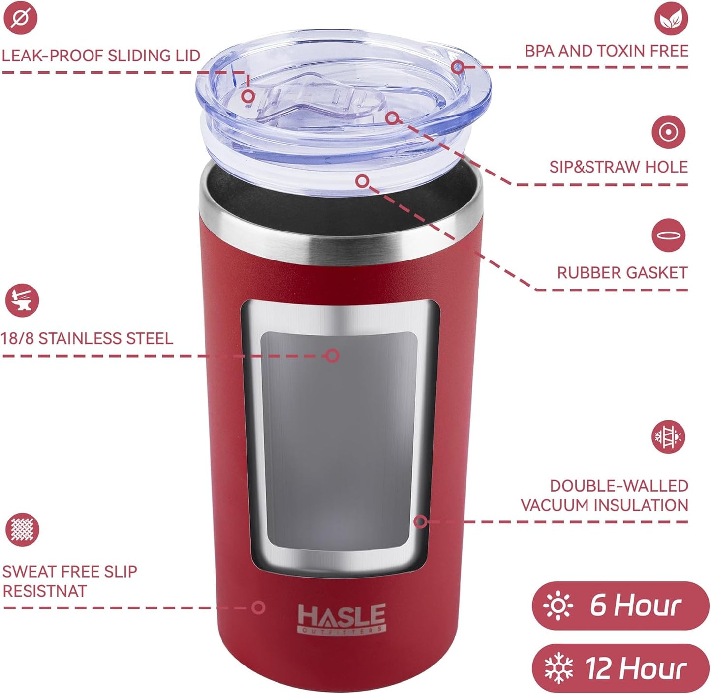 HASLE OUTFITTERS 12 oz Skinny Tumbler, Stainless Steel Insulated Slim Tumbler set bulk with Lid, Reusable Double Wall Travel Coffee Mug, Durable Powder Coated Travel Water Cup(Red,6)