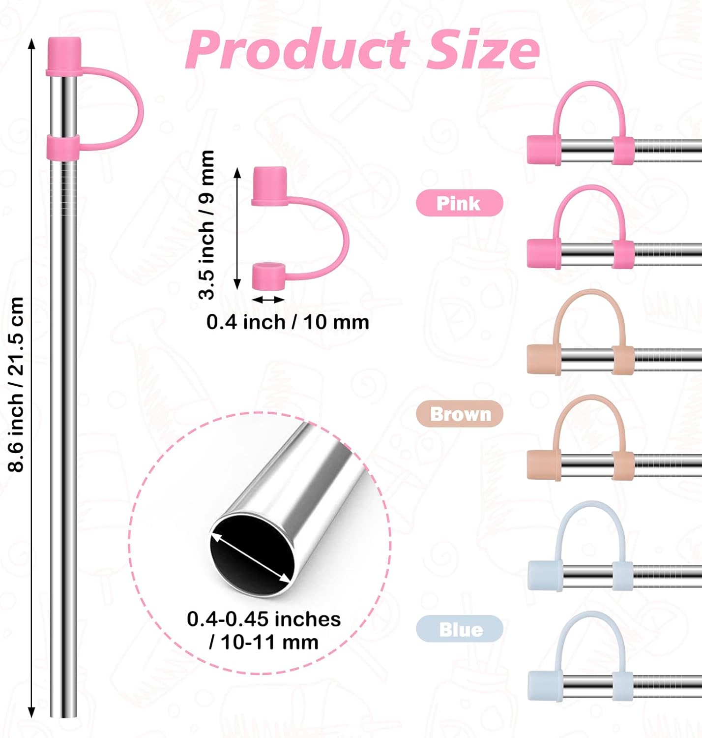 Stainless Steel Straws with covers fit Stanley 14oz & 20oz tumbler, Reusable 8.6 Inch Straw with Silicone Tips & Cover Caps, Compatible with Stanley Quencher H2.0 (6 Pack: 3 Bent + 3 Straight)