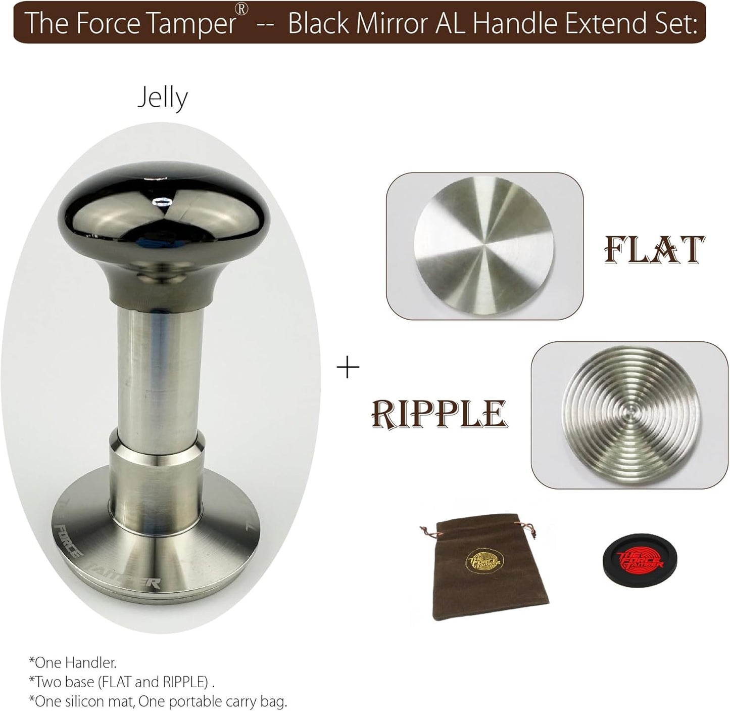The Force Tamper Automatic Impact Coffee Tamper Adjustable Const Pressure and Autoleveling Extend Set New (Jelly-Black Mirror AL, 58.35mm)