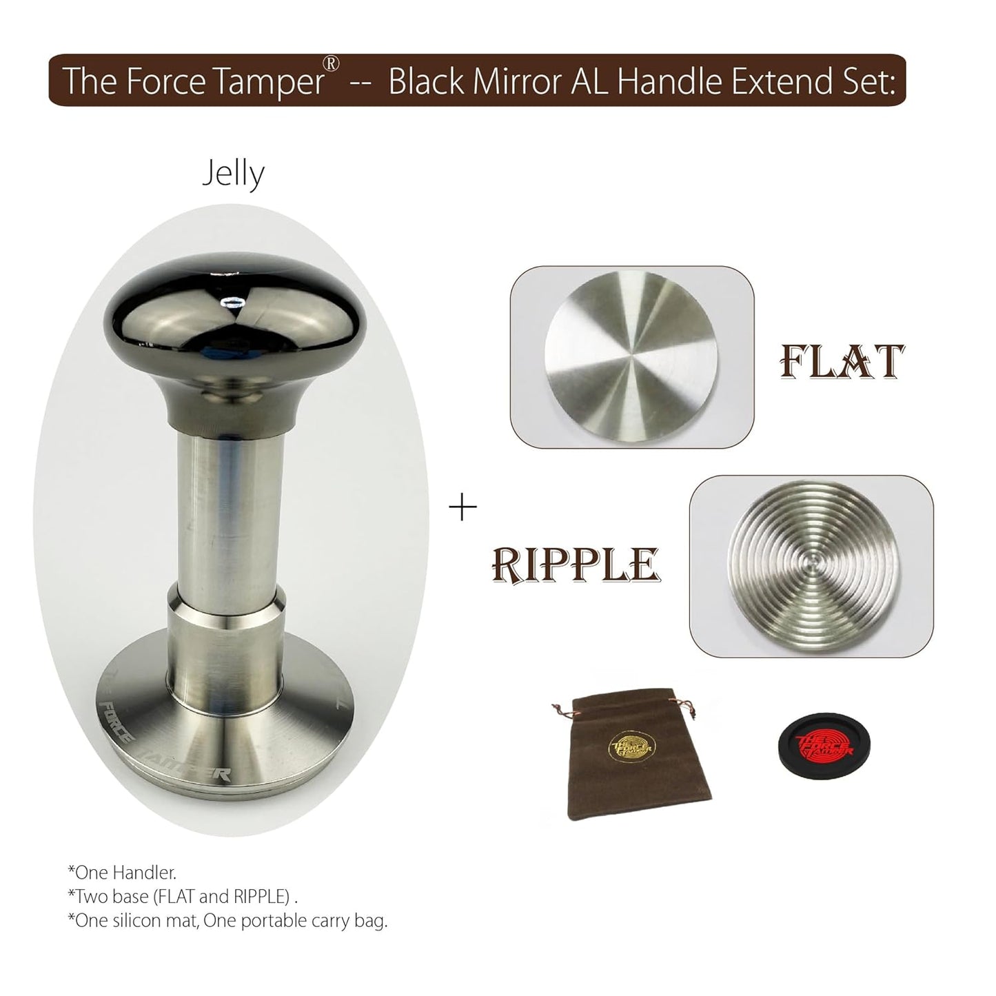 The Force Tamper Automatic Impact Adjustable Constant Pressure and Autoleveling Coffee Tamper Black Mirror Jellyfish AL Handle Set Pro (Extend Set, 58.50mm)