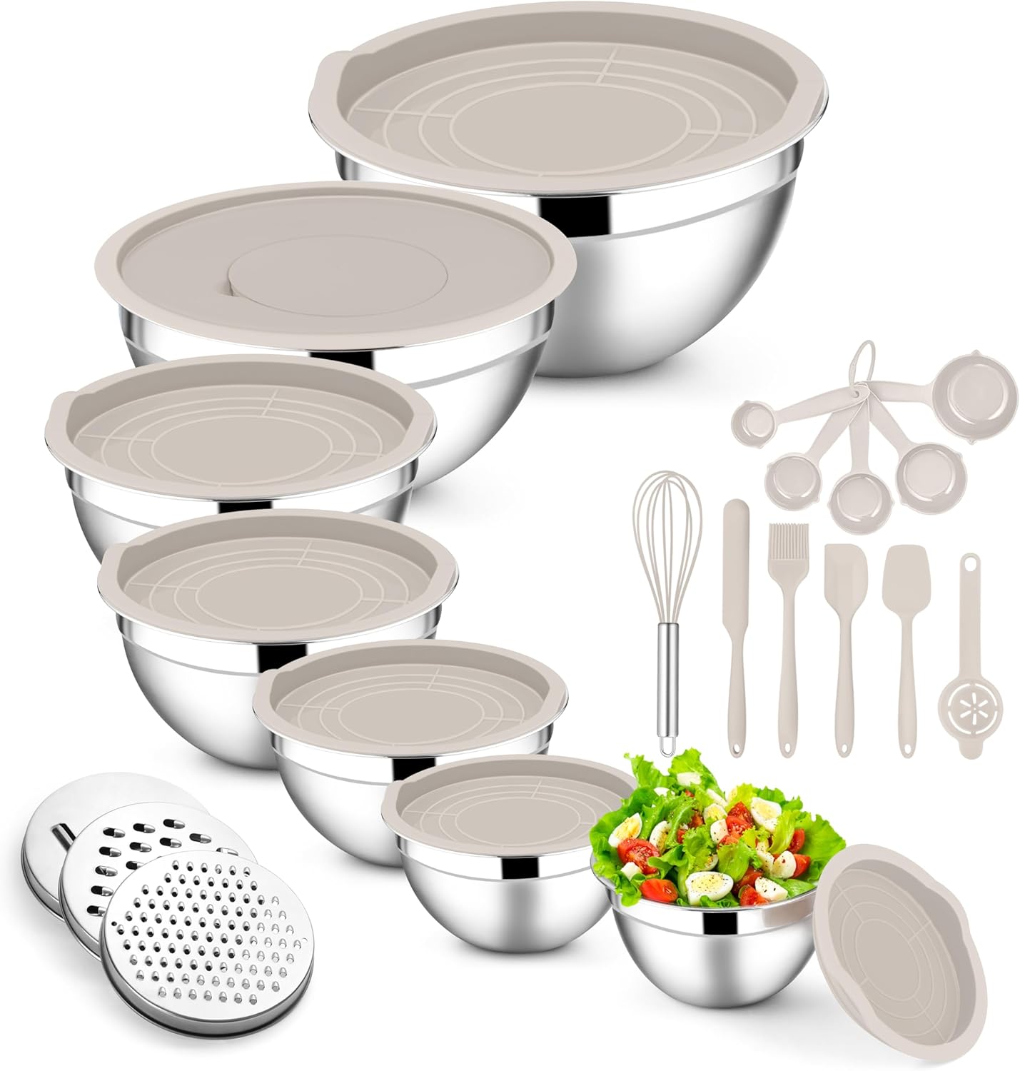 E-far Mixing Bowls with Lids Set, 21PCS Stainless Steel Mixing Salad Bowls with 3 Grater Attachments, Size 7, 4.6, 3.5, 2.6, 2, 1.5, 1QT, Nesting Design & Khaki Airtight Lid, For Baking/Prepping