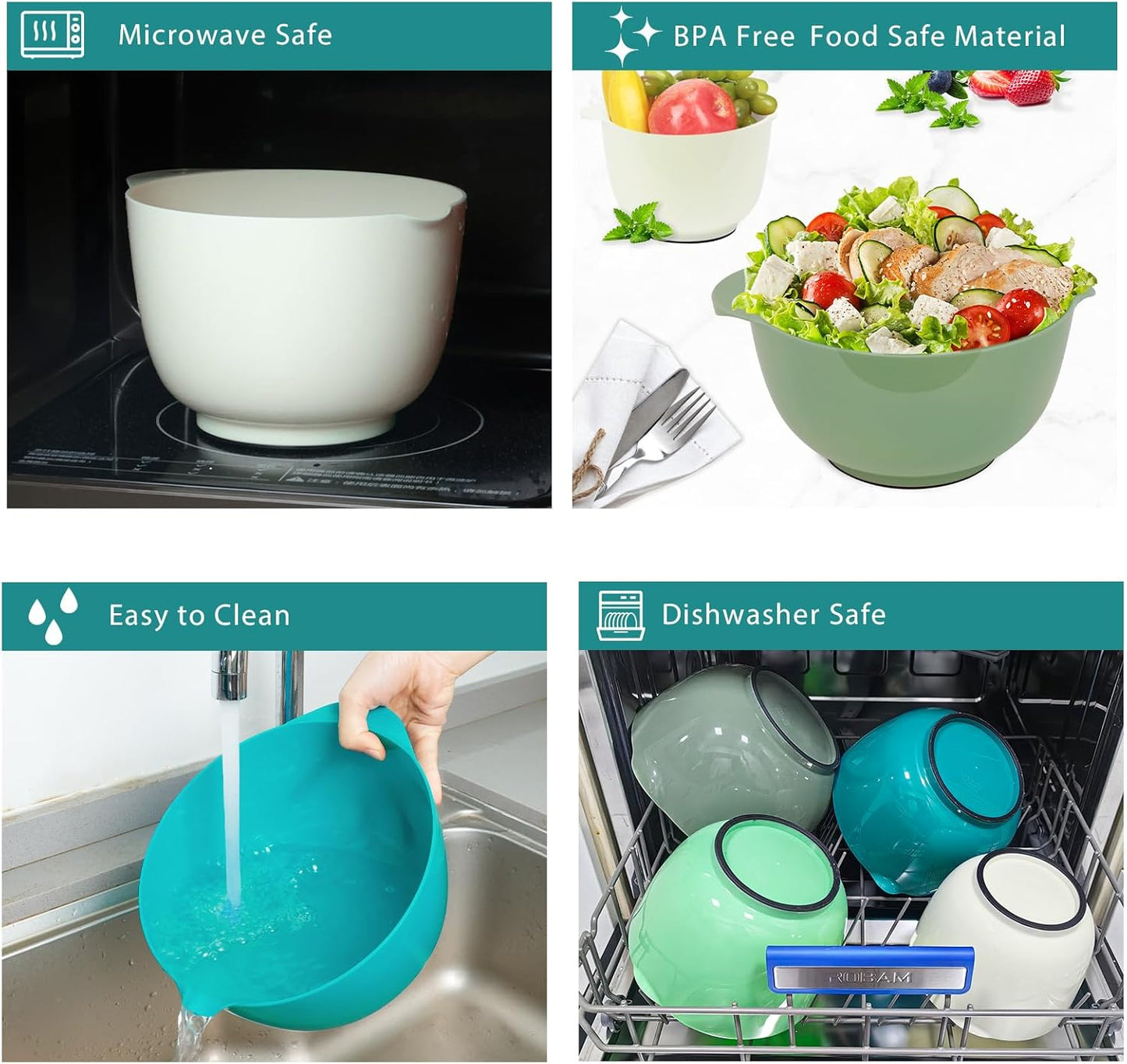 BoxedHome Classic Mixing Bowl Set, BPA Free Plastic, Microwave and Dishwasher Safe, 4.5 quarts (Army Green)