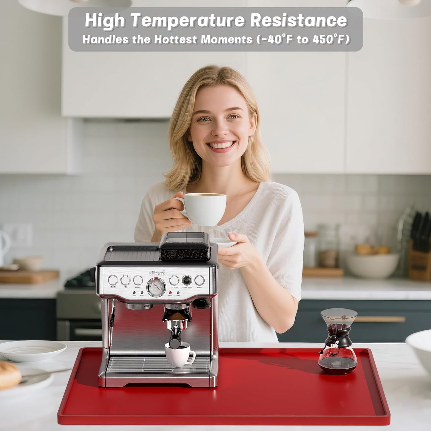 Rnivvi Silicone Coffee Mat, 16" x 24" Waterproof Raised Edge Coffee Bar Mats for Espresso Machine Station Accessories, Heat Resistant Dish Drying Pad for Kitchen Counter, Rubber Bar Decor Pad, Red