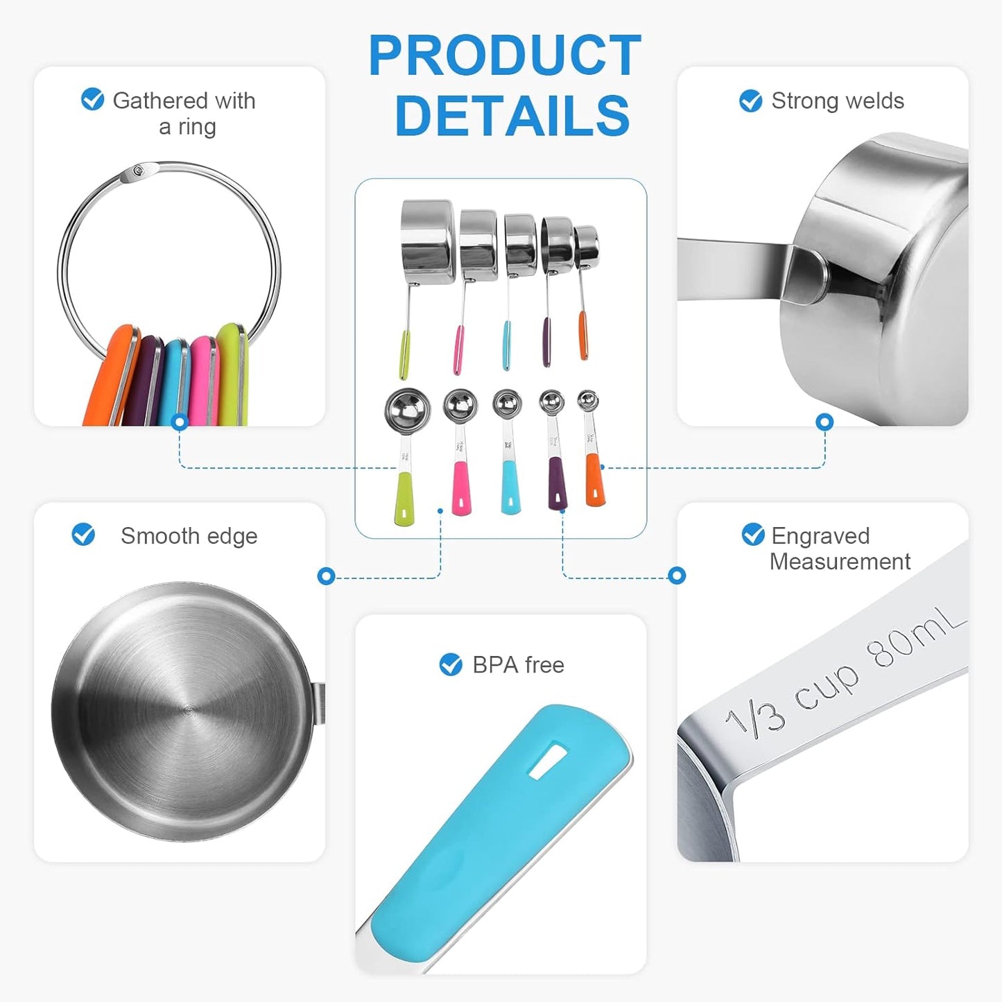 13-Piece Measuring Cups and Spoons Set Stainless Steel for Cooking & Baking (8Cups+5Spoons）