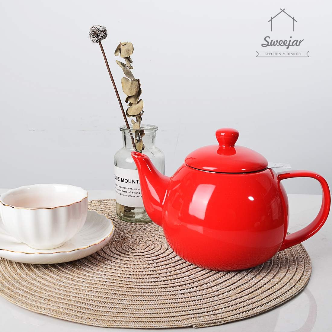 Sweejar Porcelain Teapot with Removable Stainless Steel Infuser,Microwave & Dishwasher Safe Tea Pots for Loose Tea,Tea Infuser Pots for Chrismas Women Gift (30oz Red)