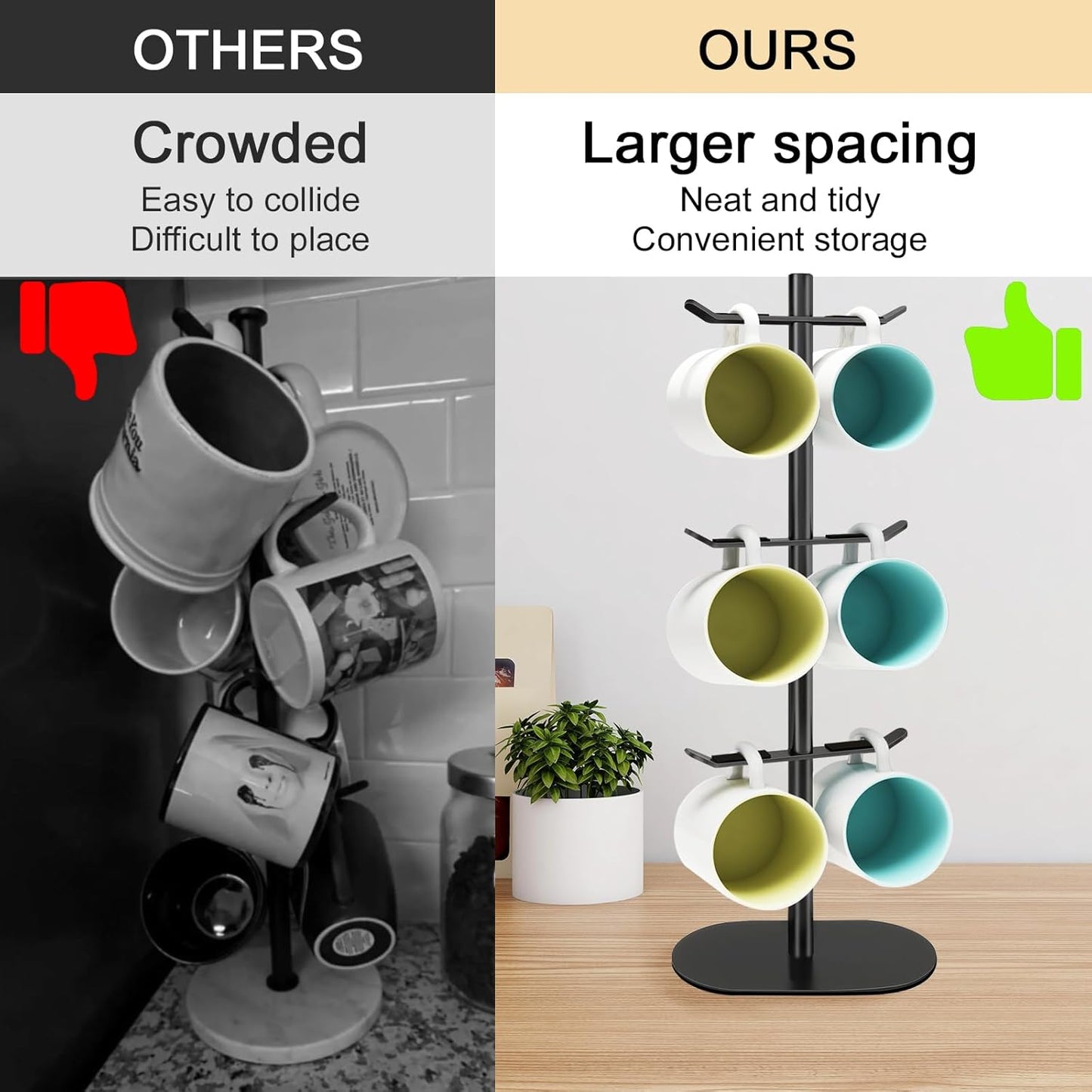 Cup Holder Tree with 6 Hooks, Metal Coffee Mug Rack Stand (Black)