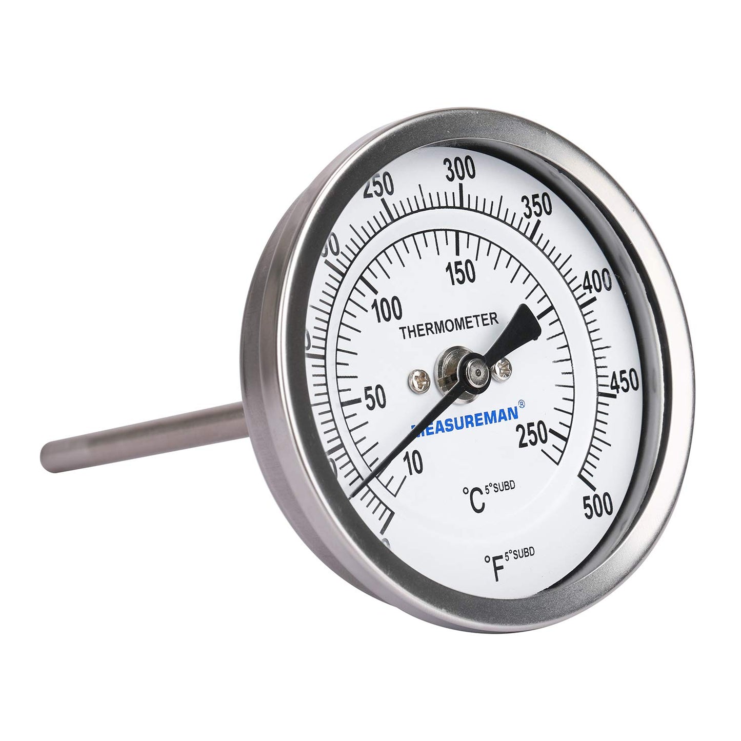 Measureman Fully Stainless Steel Bimetal Dial Thermometer, 3" Dial, 4" Stem, 50-500 deg F/10-260 deg C, -1% Accuracy, Adjustable, 1/2" NPT Back Mount