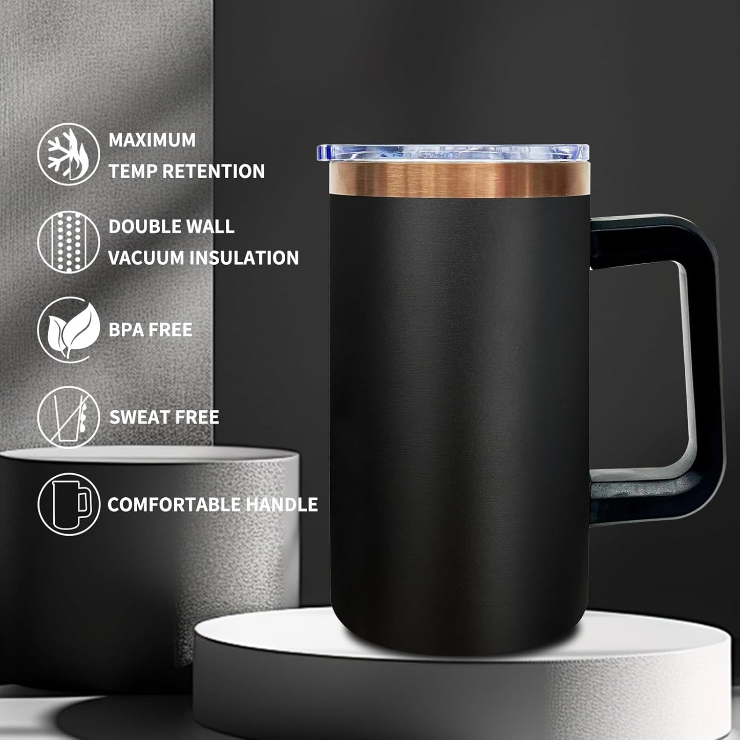 20 oz Insulated Coffee Mug with Lid, Stainless Steel Coffee Tumbler Bulk, Double Wall Vacuum Travel Mug with Handle, Leakproof Powder Coated Coffee Cups for Hot and Cold Drinks (Black,1 pack)