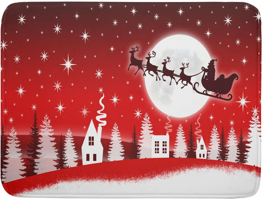 Christmas Reindeer Moon Star Red Dish Drying Mat for Kitchen Counter,White Xmas Tree Castle Drying Mat 18 x 24 Inch with Absorbent Reversible Microfiber Dish Drying Pad for Coffee Bar