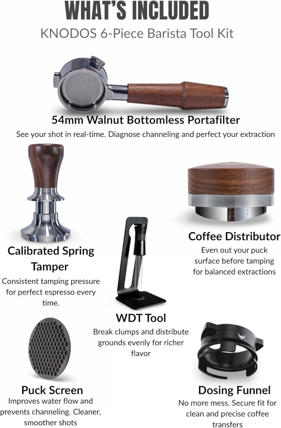 Espresso Tools Kit for Breville 54mm Machines – Walnut Handle Naked Portafilter, Spring Tamper, Coffee Leveler, Dosing Ring, Puck Screen & WDT Needle Tool