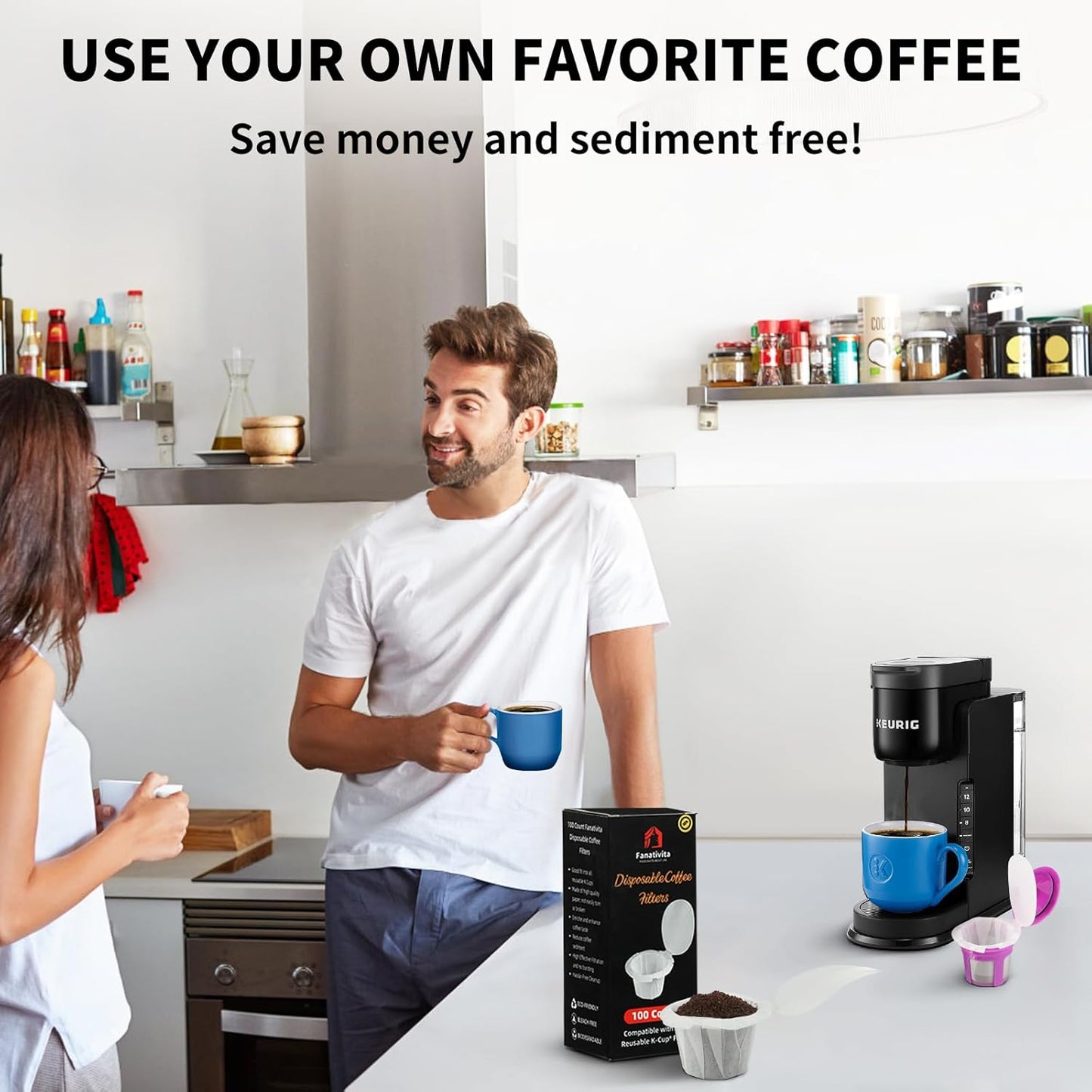 200 Count Fanativita K Cup Filters Disposable with Genius Lid Design, Fit All Reusable K Cups for Keurig (White)