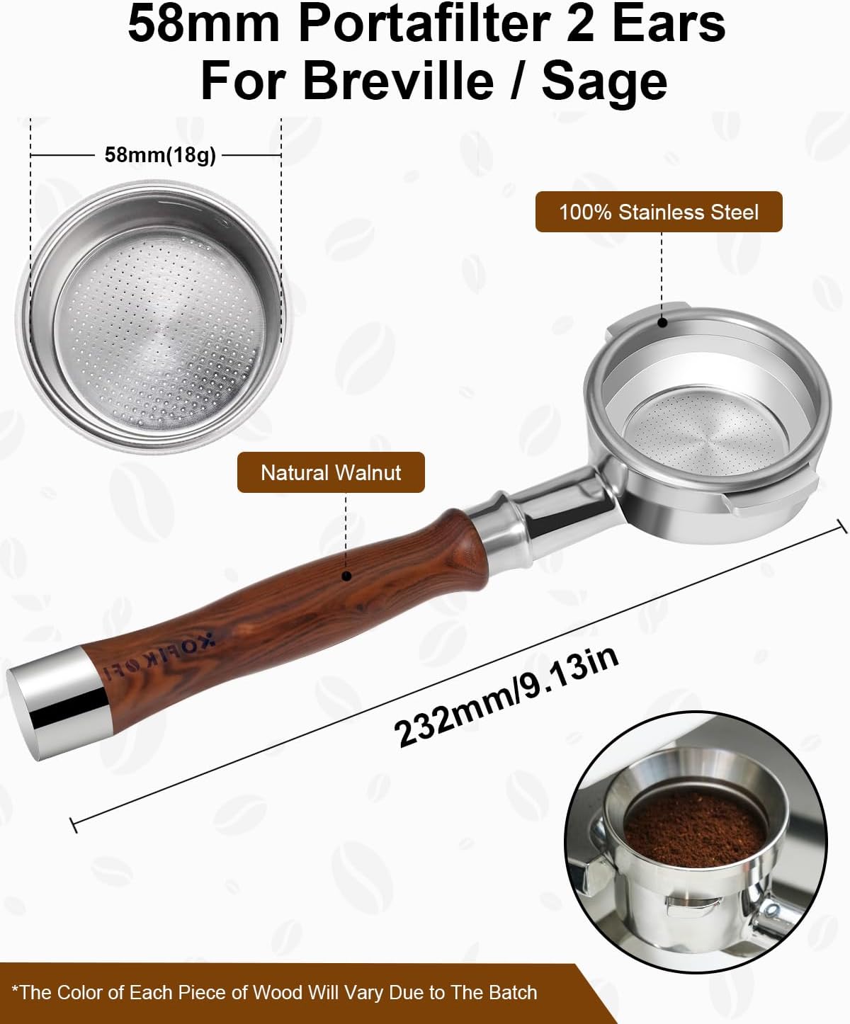 Bottomless Portafilter 58mm Fit Breville, 2 Ears Slim Naked Portafilter Fits Breville Espresso Machines BES900XL, BES920XL, BES980XL, BES990BSS with 18g Double Shot Filter Basket, Puck Screen-Rosewood