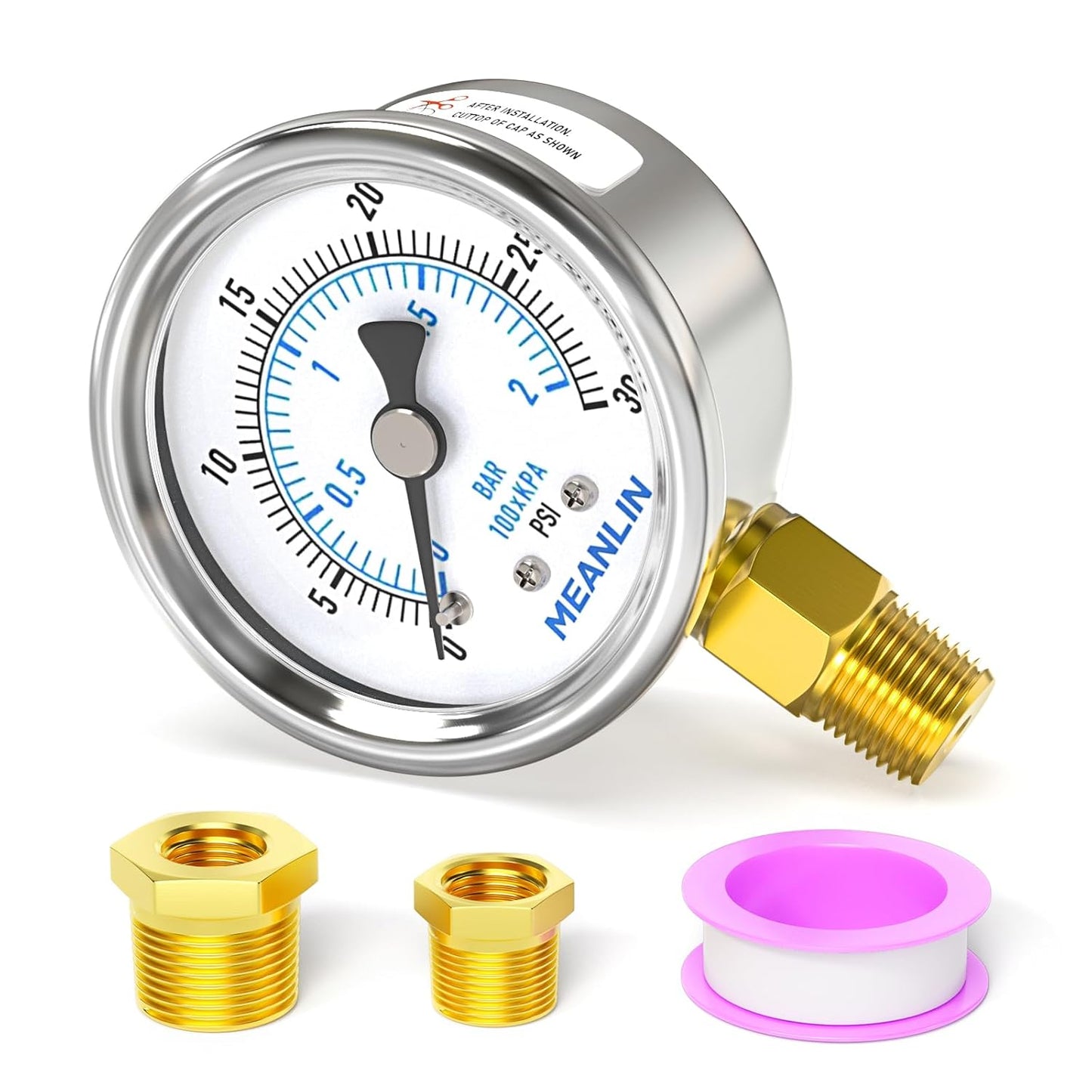 MEANLIN MEASURE 0~30Psi Dry Low Pressure Gauge Stainless Steel 1/4" NPT 2" FACE DIAL Waterproof for Pool Sand Filter Water Oil Air Pressure Test Lower Mount, with 1/2" NPT and 3/8" NPT Hex Bushing