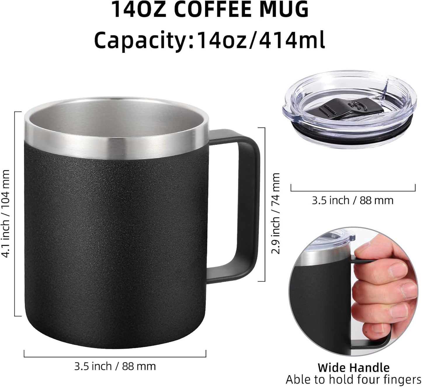 Volhoply 14oz Insulated Stainless Steel Coffee Mug with Lid Bulk 2 Pack,Double Wall Vacuum Travel Coffee Cup with Handle,Reusable Cups Tumbler,Camping Mugs Keep Hot,Ideal Gifts(Black,2 Set)