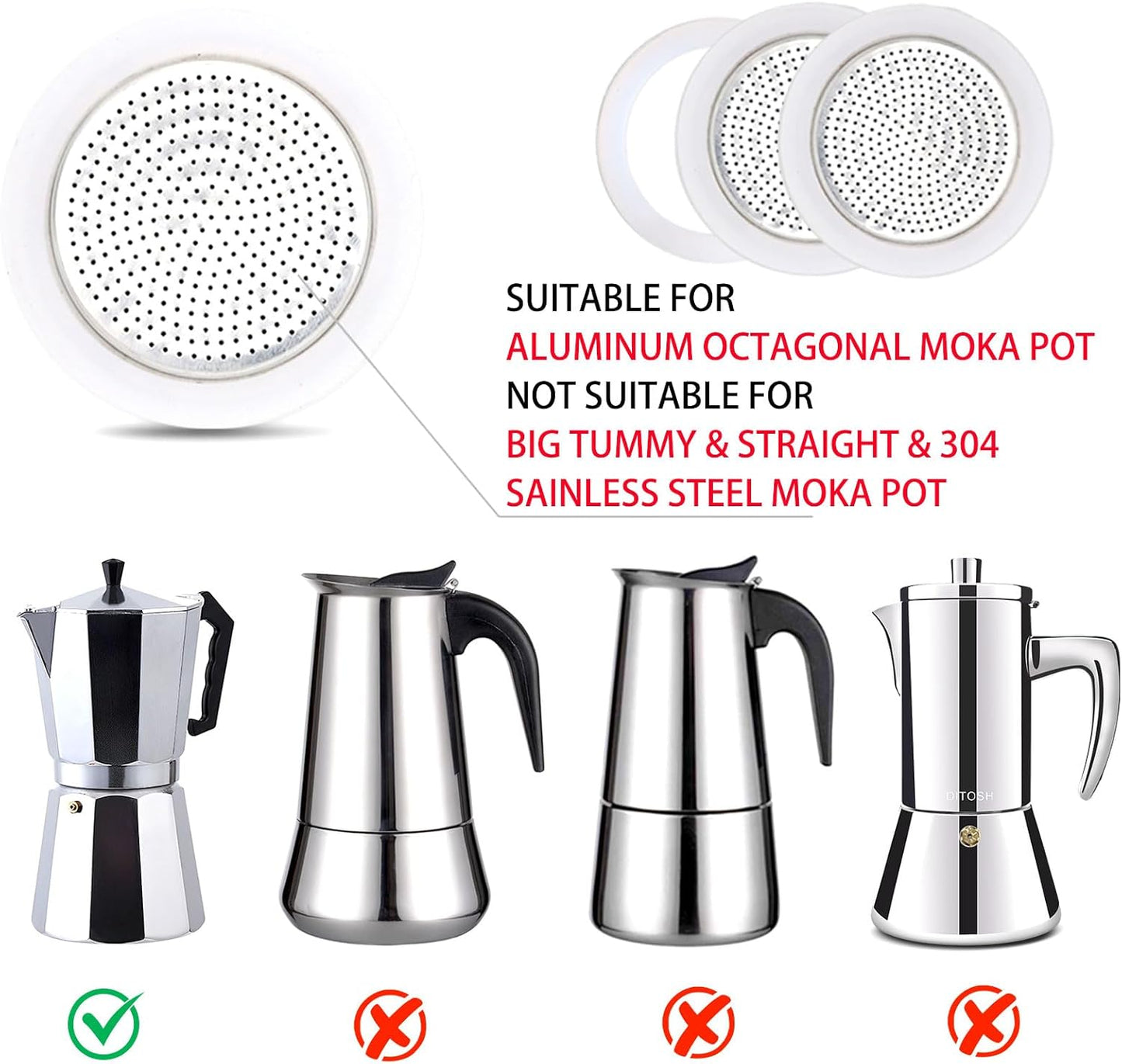 2 Pcs Filter with 3 Pcs Silicone Gasket Seals for 12 Cup 14 Cup Stovetop Espresso Coffee Maker Replacement Parts for DITOSH Aluminium Moka Pot