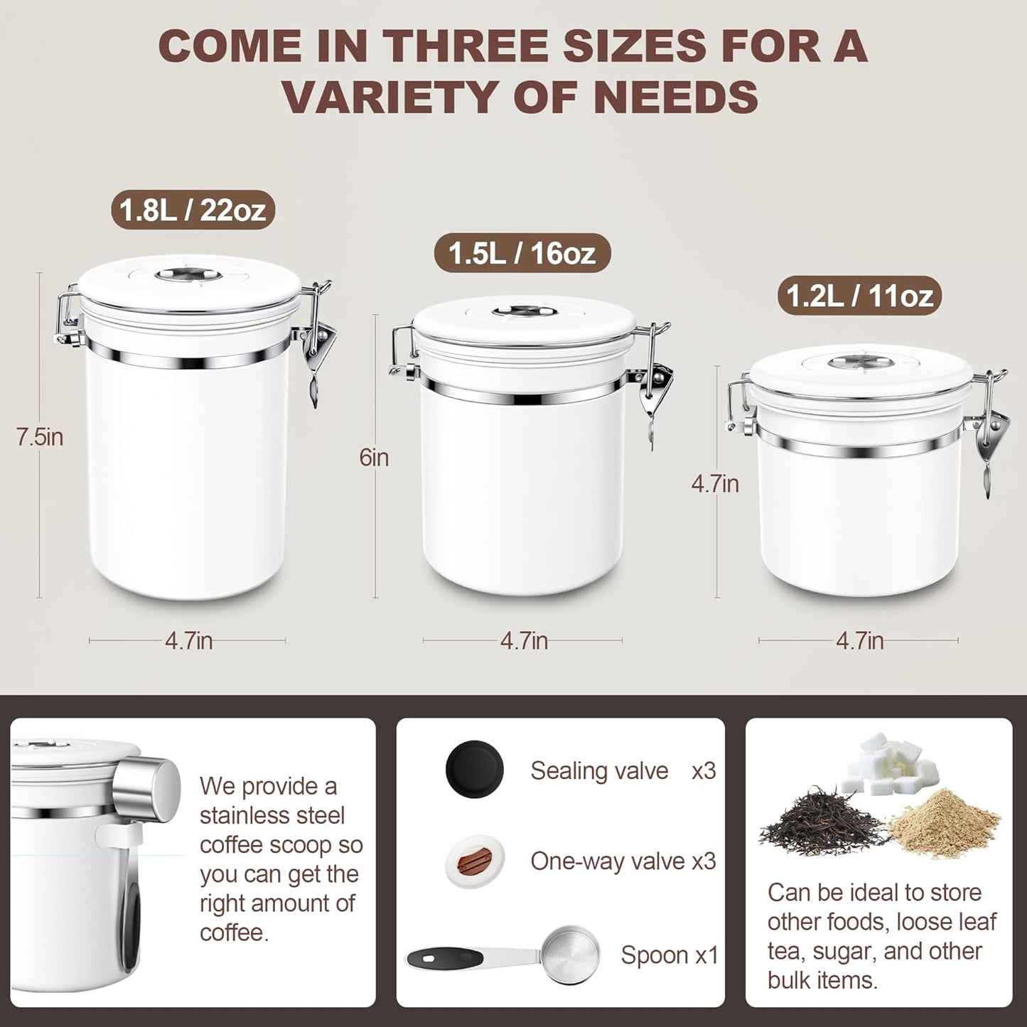 ShanSon Coffee Canister Airtight Coffee Container Stainless Steel Coffee Bean Storage Container with Scoop Coffee Canister for Beans Grounds Sugar Flour Tea Cereal,11OZ, White