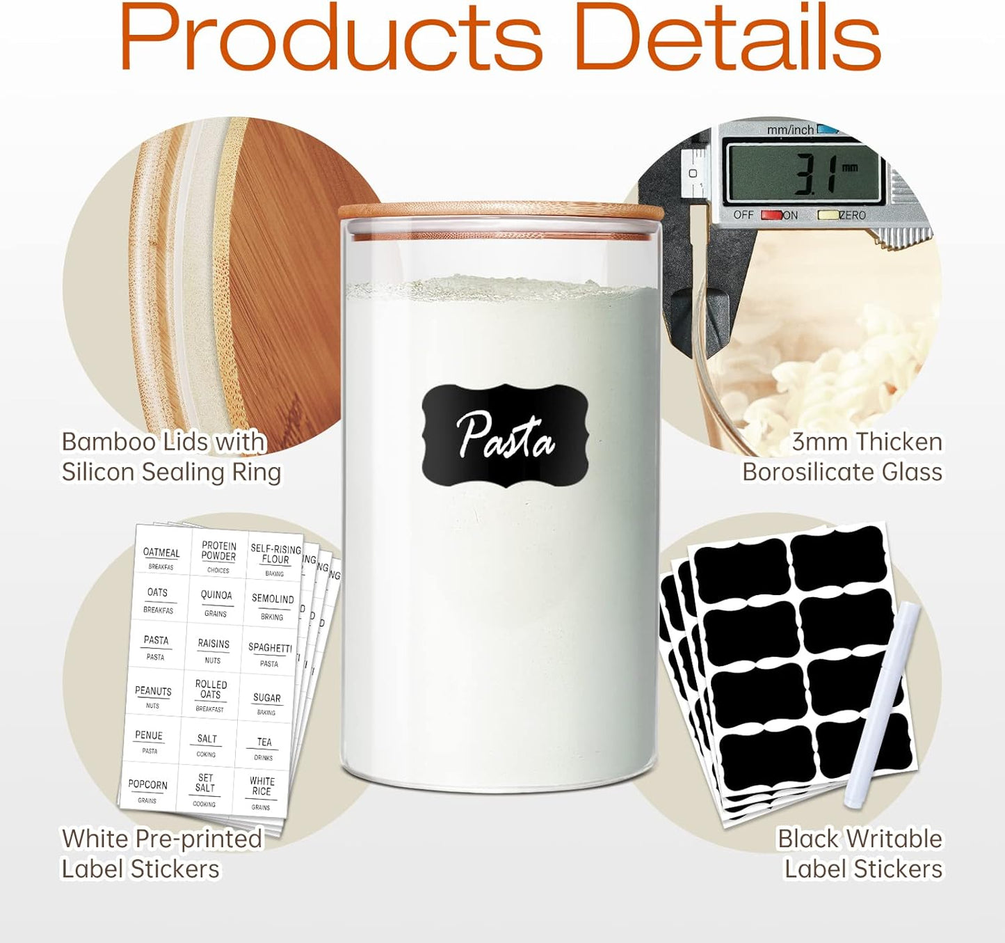 Glass Jars with Bamboo Lids 27 FL OZ [Set of 6], Glass Canisters with Airtight Lids, Glass Food Storage Containers for Coffee, Sugar,Tea, Candies, Cookies,Best for Kitchen & Pantry