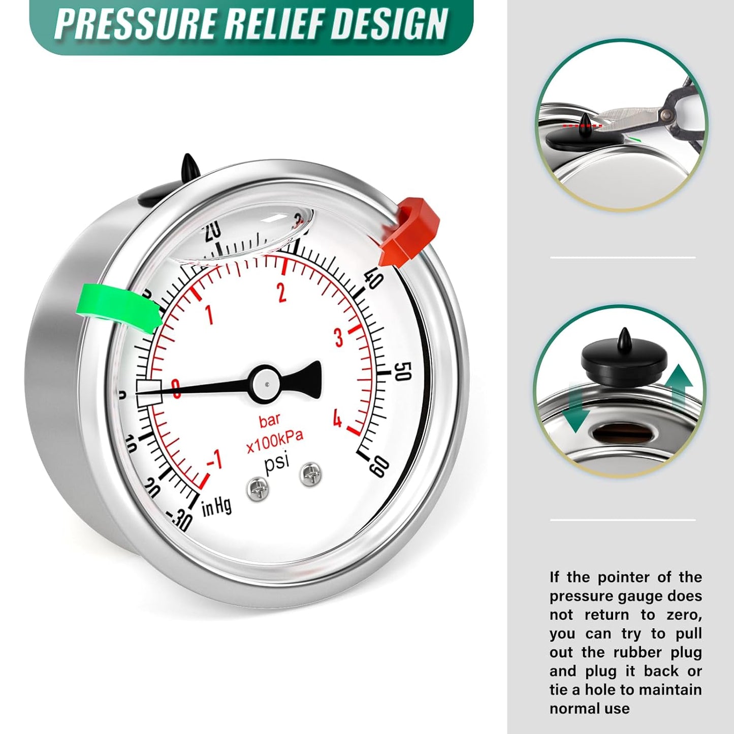 -30inHG-60PSI Stainless Steel Glycerin Liquid Filled Vacuum Pressure Gauge 2.5" Dial Size, 1/4" NPT Back Mount, for Water, Oil and Air Pressure Testing (with Range Mark Pointer)